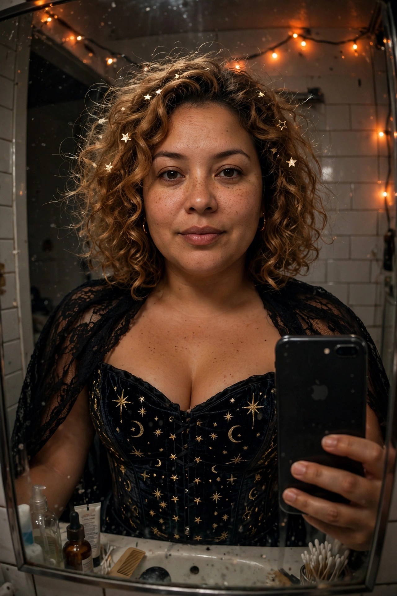 Woman with curly brown hair wearing a black velvet corset decorated with gold stars and moons plus a black lace cape, taking a mirror selfie.