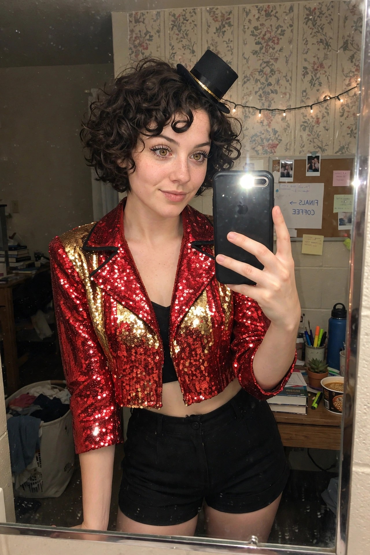 Woman wearing a red sequin cropped ringmaster jacket with gold lapels, black shorts, and a small black top hat, short curly brown hair visible.