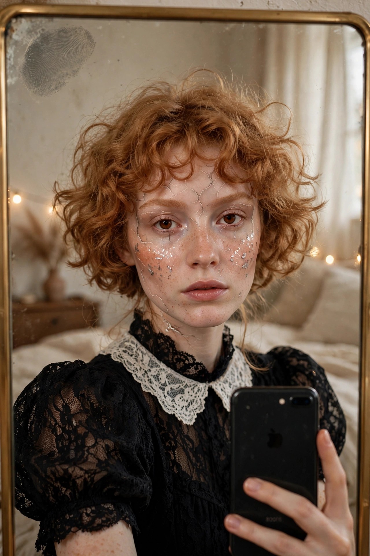 Woman with curly red hair wearing cracked porcelain doll makeup and a black lace dress with white collar while taking a mirror selfie.