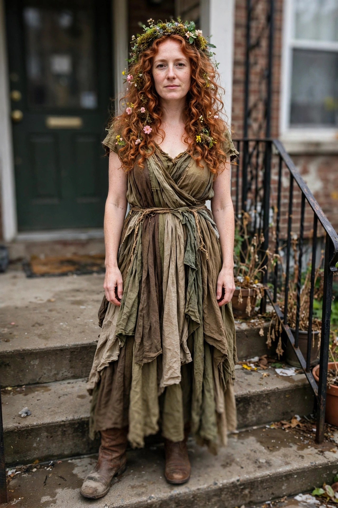 Woman with long red curly hair wearing a flower crown and a layered ragged green and brown dress with brown boots.
