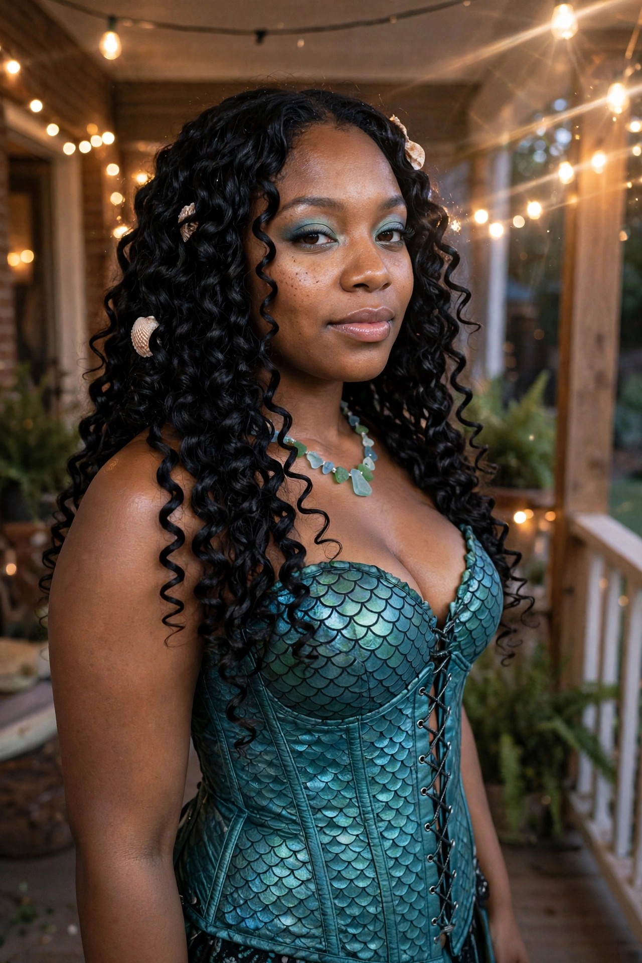 Woman wearing a teal scale-patterned corset mermaid costume with long curly black hair decorated with small seashells and a matching seashell necklace.