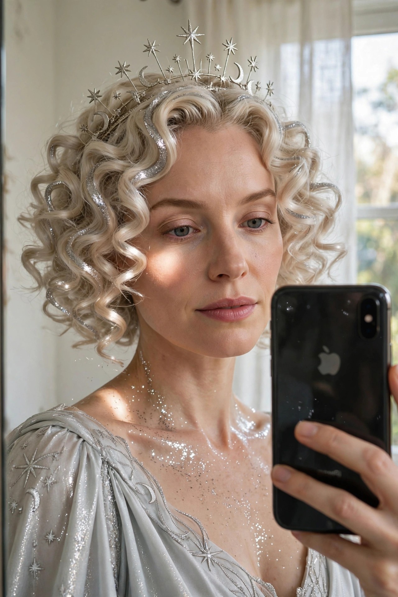Curly blonde hair styled with silver glitter and a silver crown featuring stars and crescent moons.