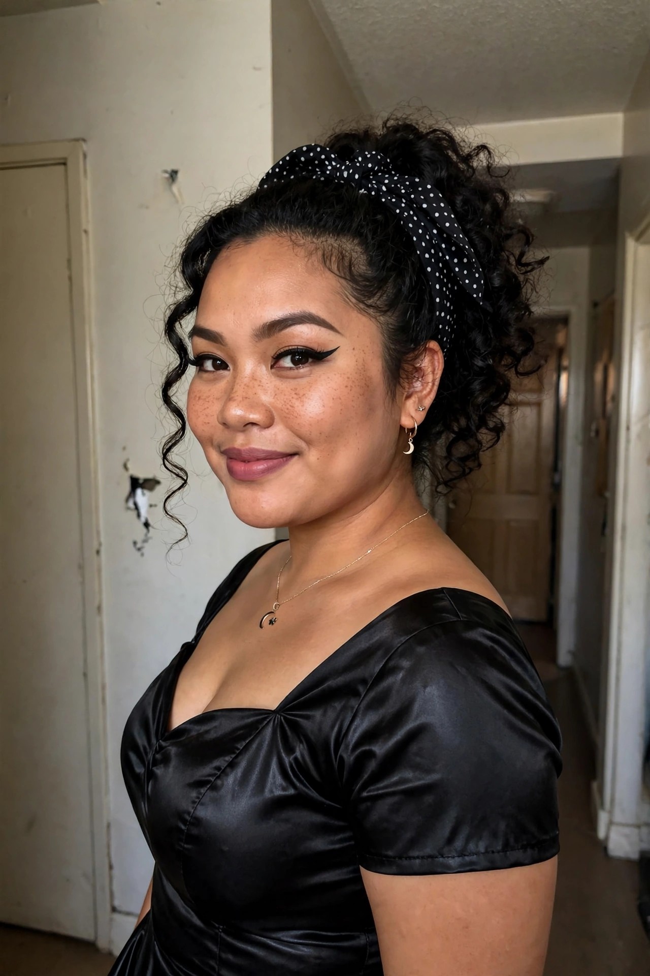 Dark curly hair styled in a high ponytail with a black and white polka dot headband wrapped around the base.