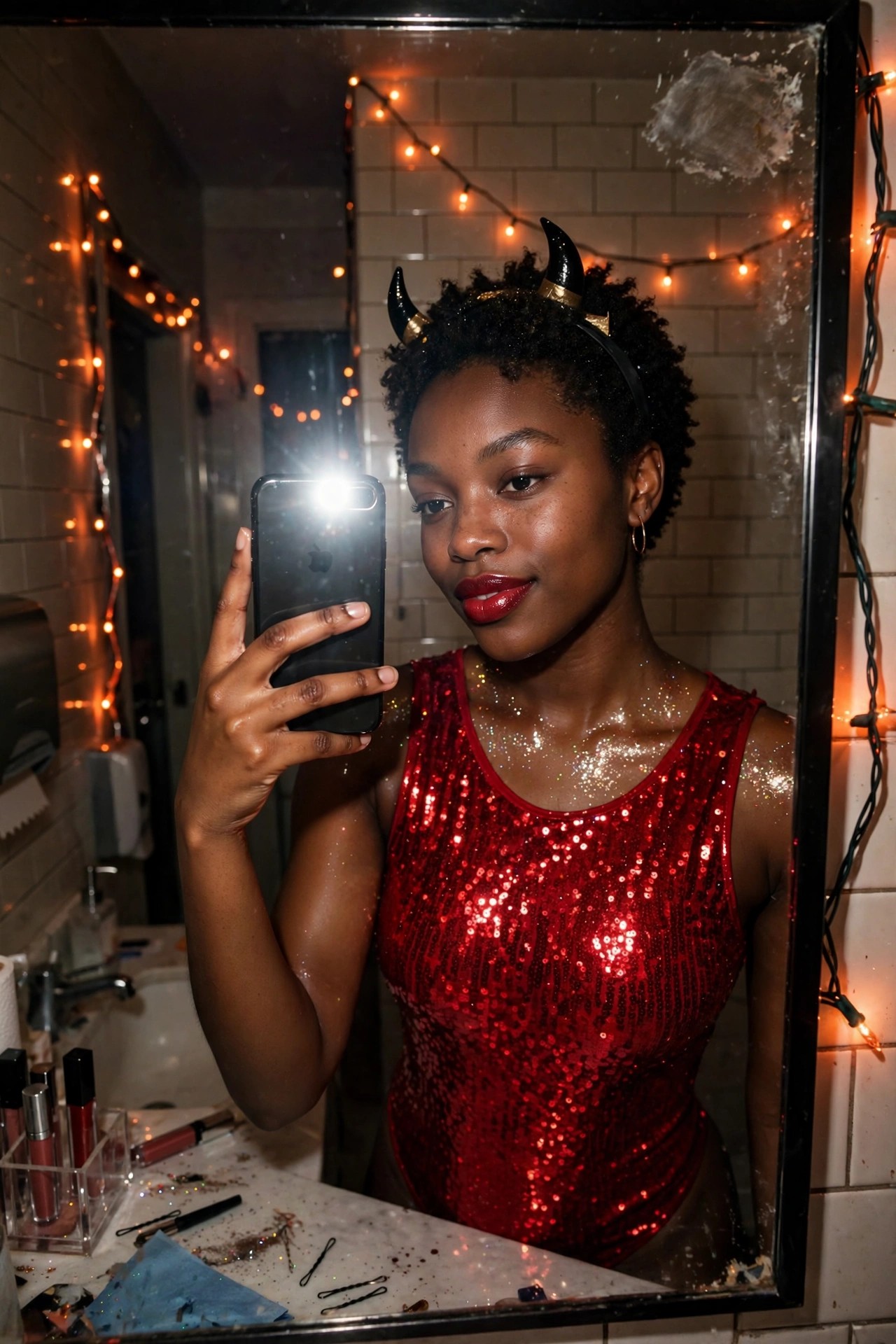 Woman with short curly hair wearing a red sequin devil costume and black horn headband taking a mirror selfie in a bathroom