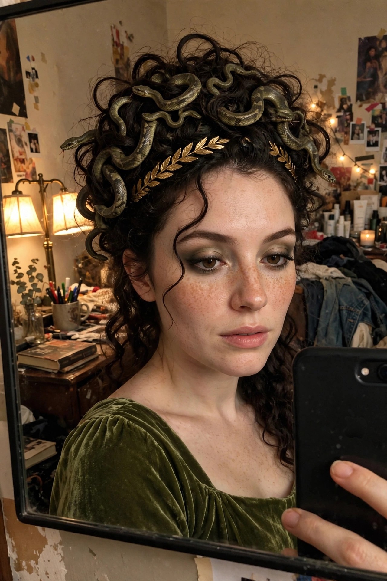 Dark curly hair styled in a high updo with several realistic snakes woven throughout the curls and a gold leaf headband across the forehead.
