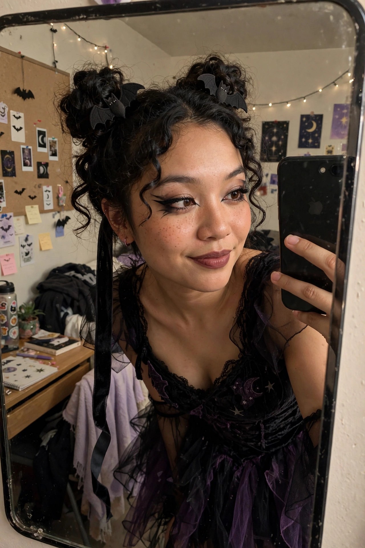 Dark curly hair styled in two high space buns with small black bat clips attached to each bun and a long black ribbon hanging down one side.
