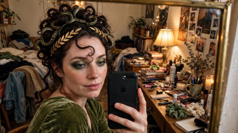 21+ Curly Hair Halloween Costume Ideas for an Eye-Catching Look Dark curly hair styled in a high updo with several realistic snakes woven throughout the curls and a gold leaf headband across the forehead.