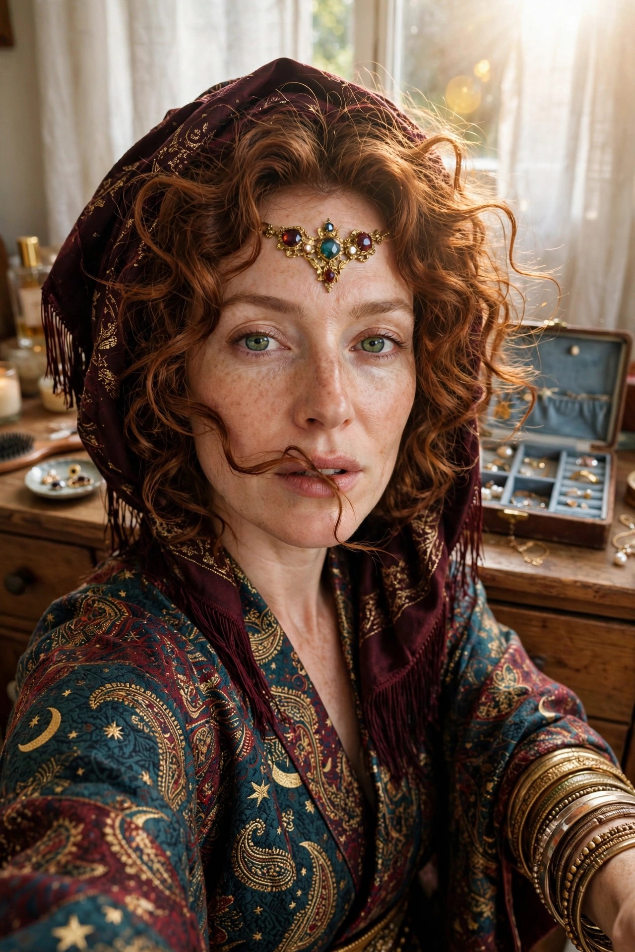 Woman wearing a fortune teller costume with curly red hair, maroon headscarf, jeweled forehead piece, and paisley robe with gold bracelets.
