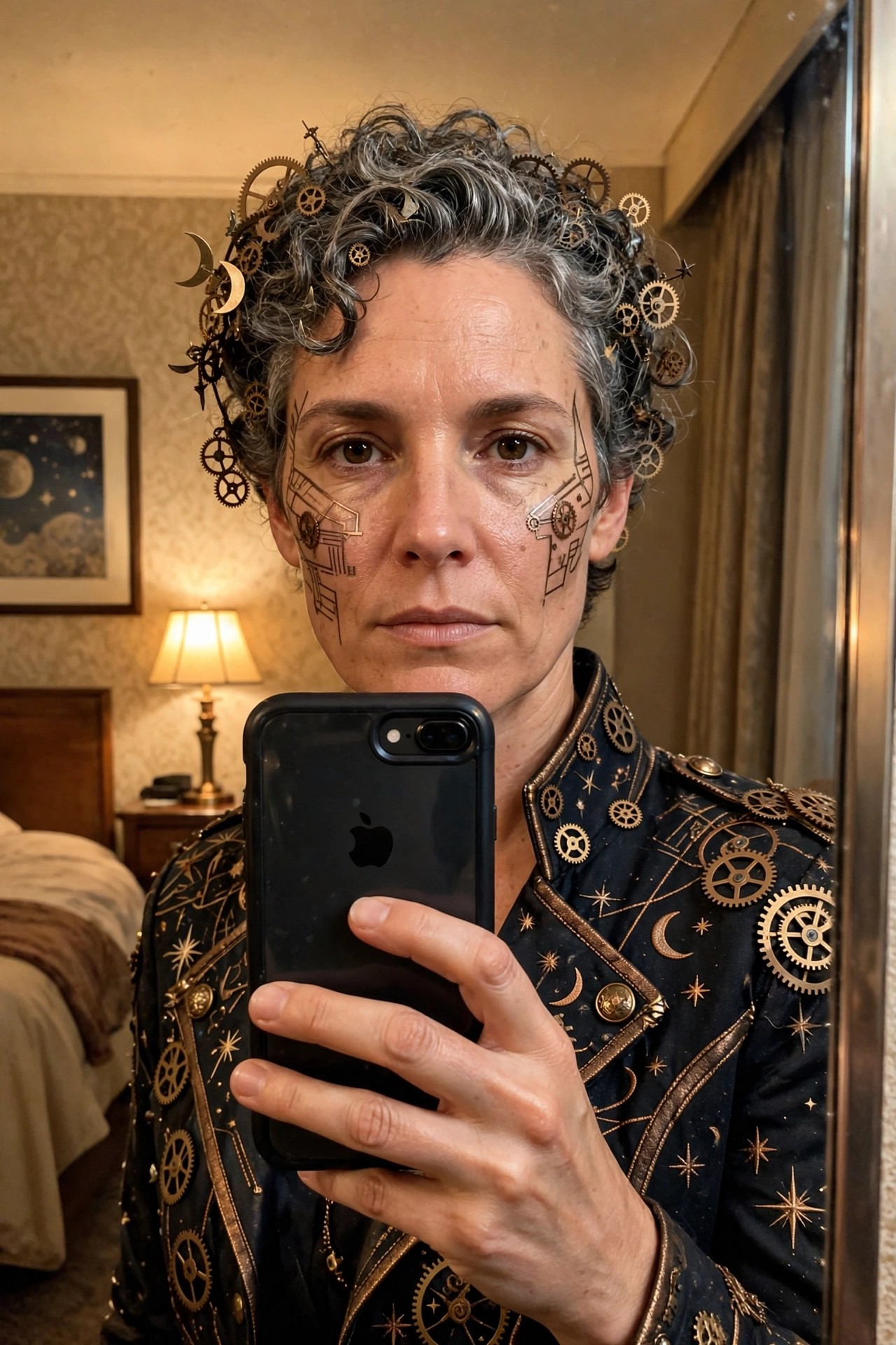 Short curly graying hair decorated with scattered brass gears, moons, and stars in a steampunk style.