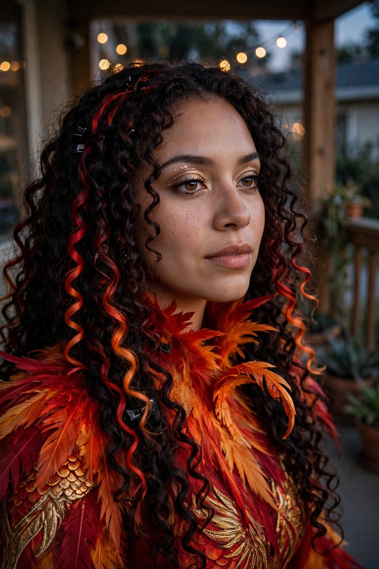Woman wearing a red and orange feathered phoenix costume with gold wing details and voluminous curly hair with red streaks.