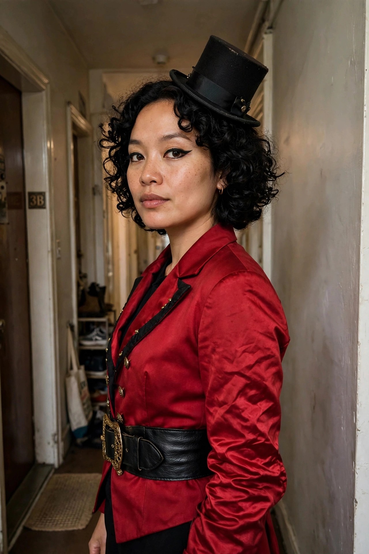 Woman wearing a red ringmaster-style jacket with gold buttons, black belt, and small black top hat, short dark curly hair visible under the hat.