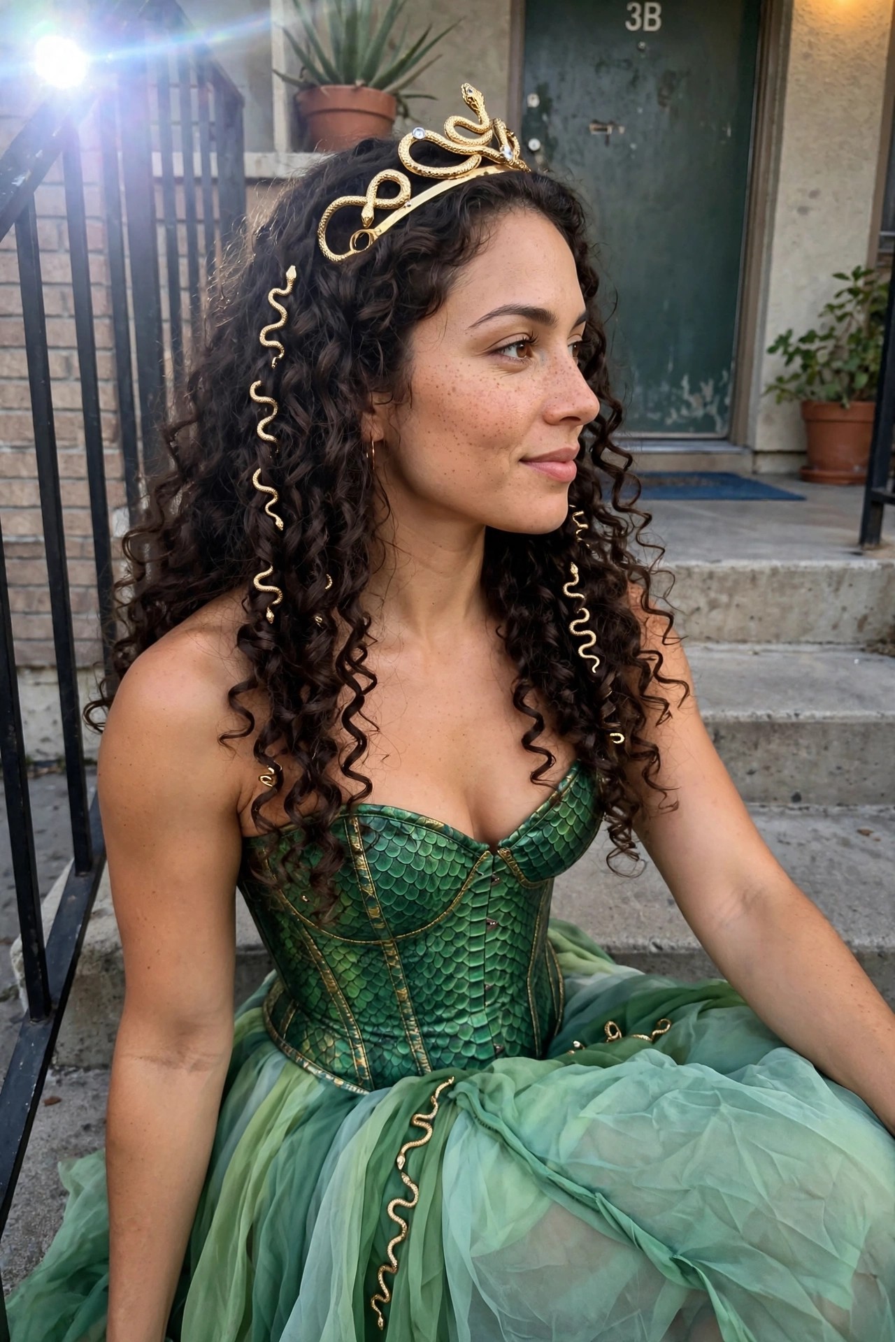 Woman wearing a green scale patterned corset with layered green tulle skirt and gold snake accessories woven through long dark curly hair plus a matching snake crown headpiece.