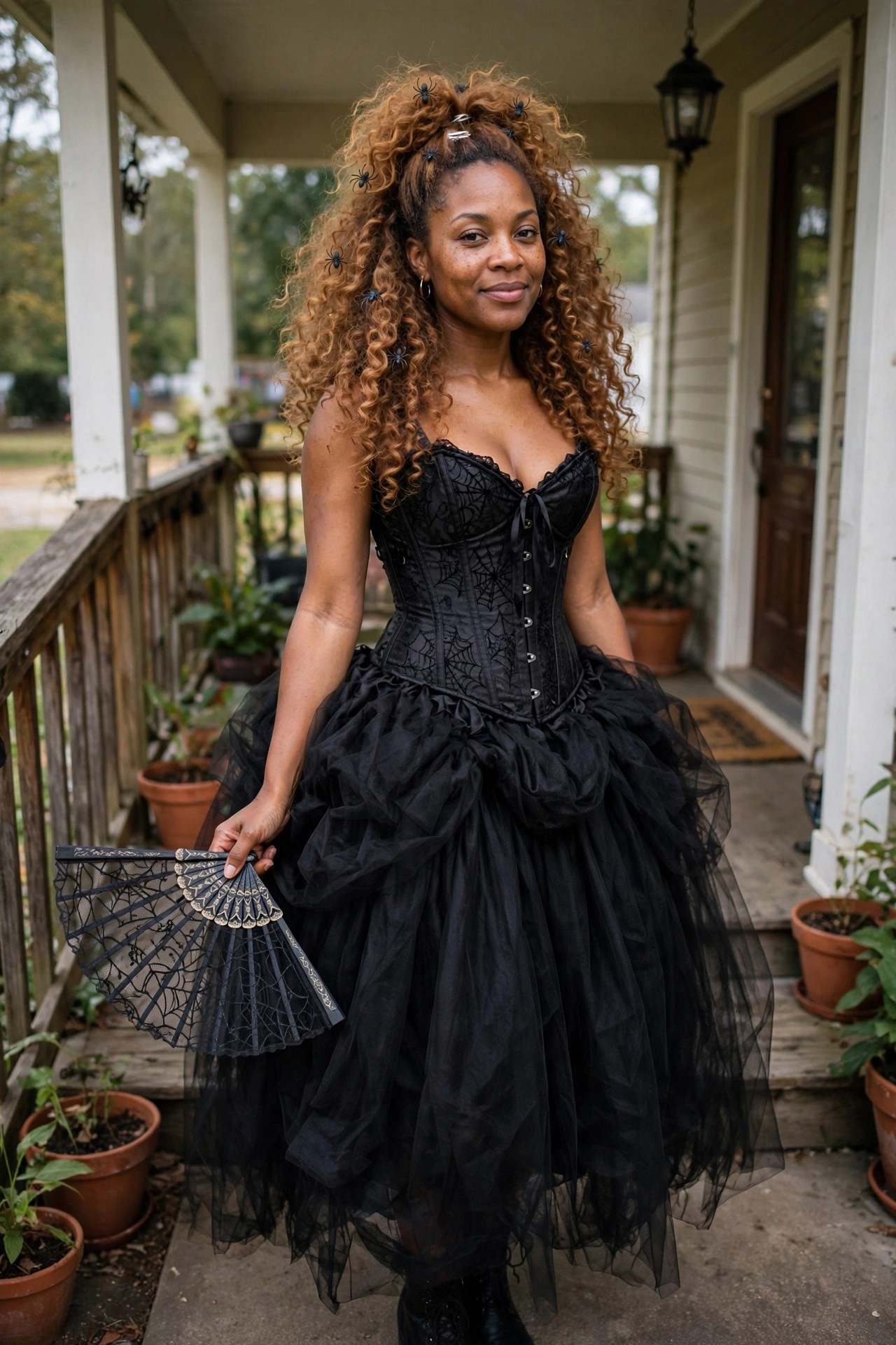 Woman with curly auburn hair in a high ponytail wearing a black spiderweb corset and layered tulle skirt while holding a matching spiderweb fan.