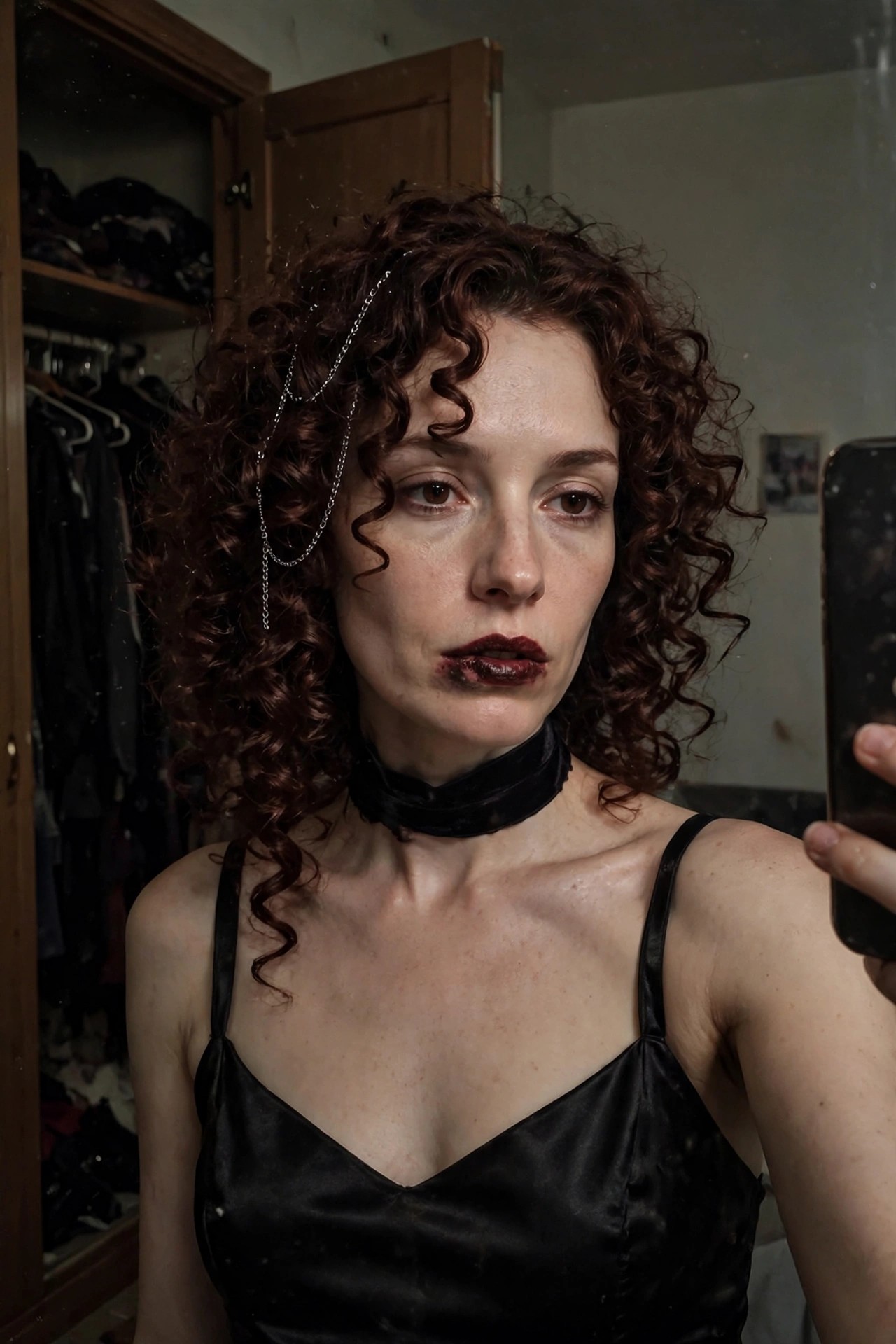Woman wearing a black satin camisole and velvet choker with long curly dark red hair threaded with a silver chain and dark lipstick in a vampire style costume.