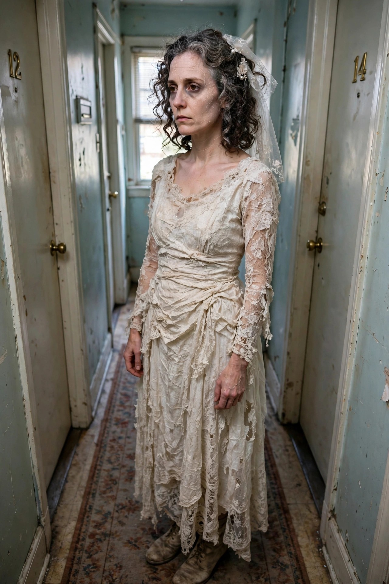 Woman wearing a tattered off-white lace Victorian-style wedding dress with a matching veil, curly graying hair visible underneath, standing in a hallway.