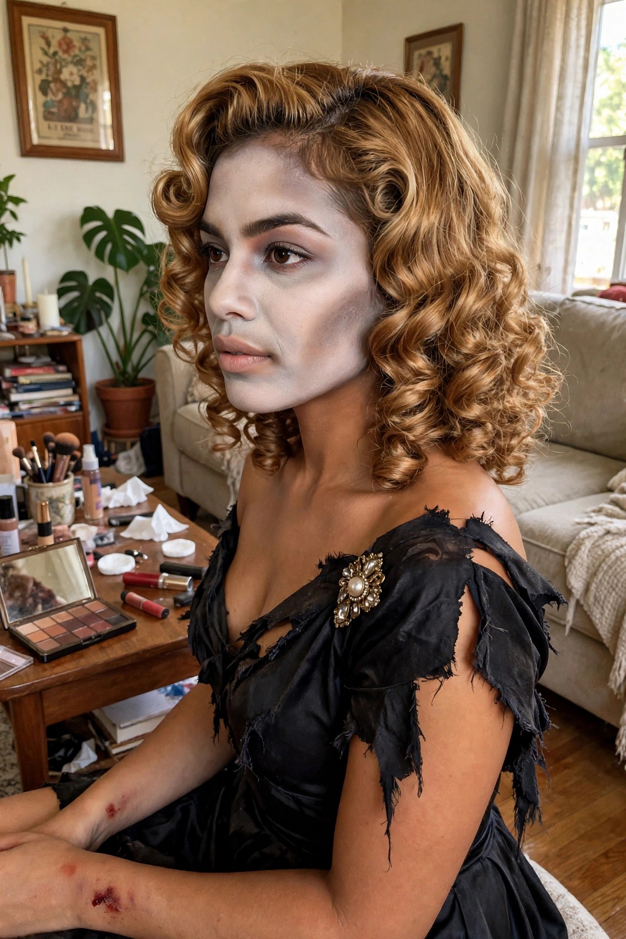 Woman wearing a torn black off-shoulder dress with gray zombie makeup and voluminous curly reddish-brown hair.