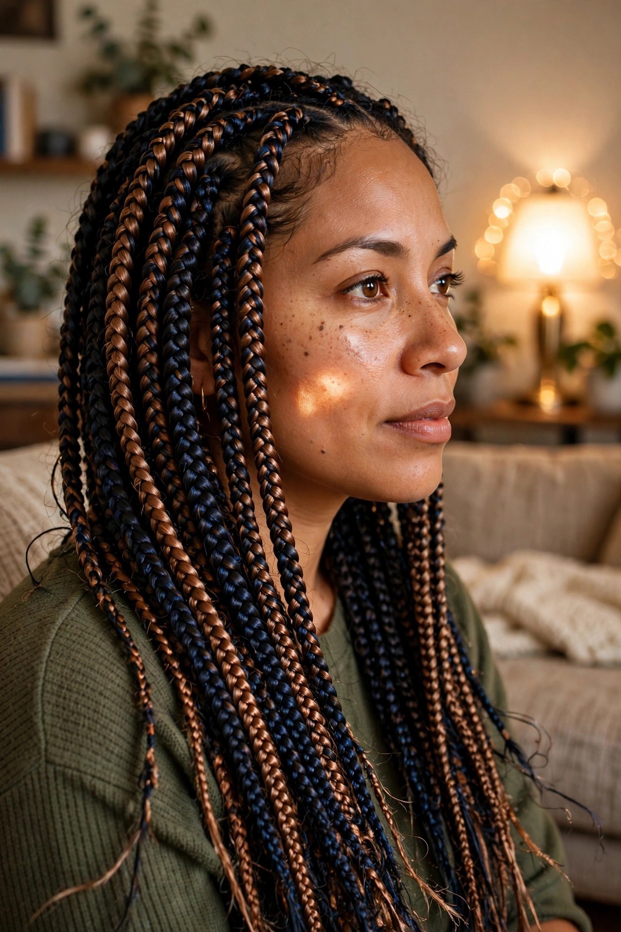 Close up of long braids showing black and copper brown color sections twisted together.