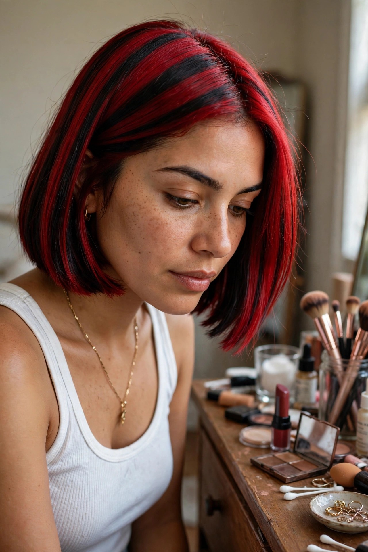 Short bob with bold red and black striped hair color panels on a woman looking down at a vanity table.