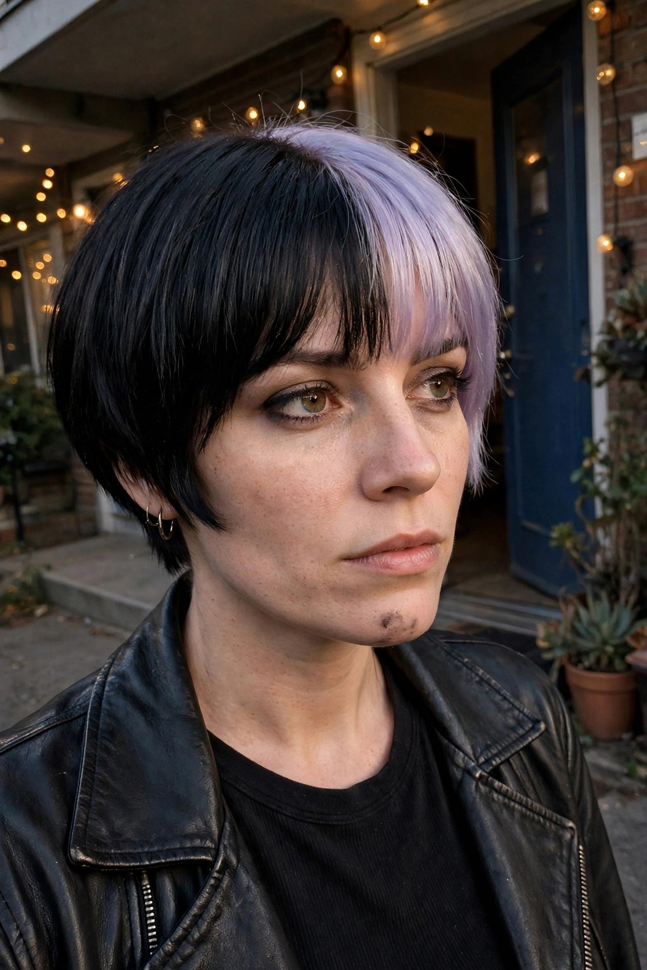 Short bob split into solid black on one side and lavender purple on the other with blunt bangs showing both colors.