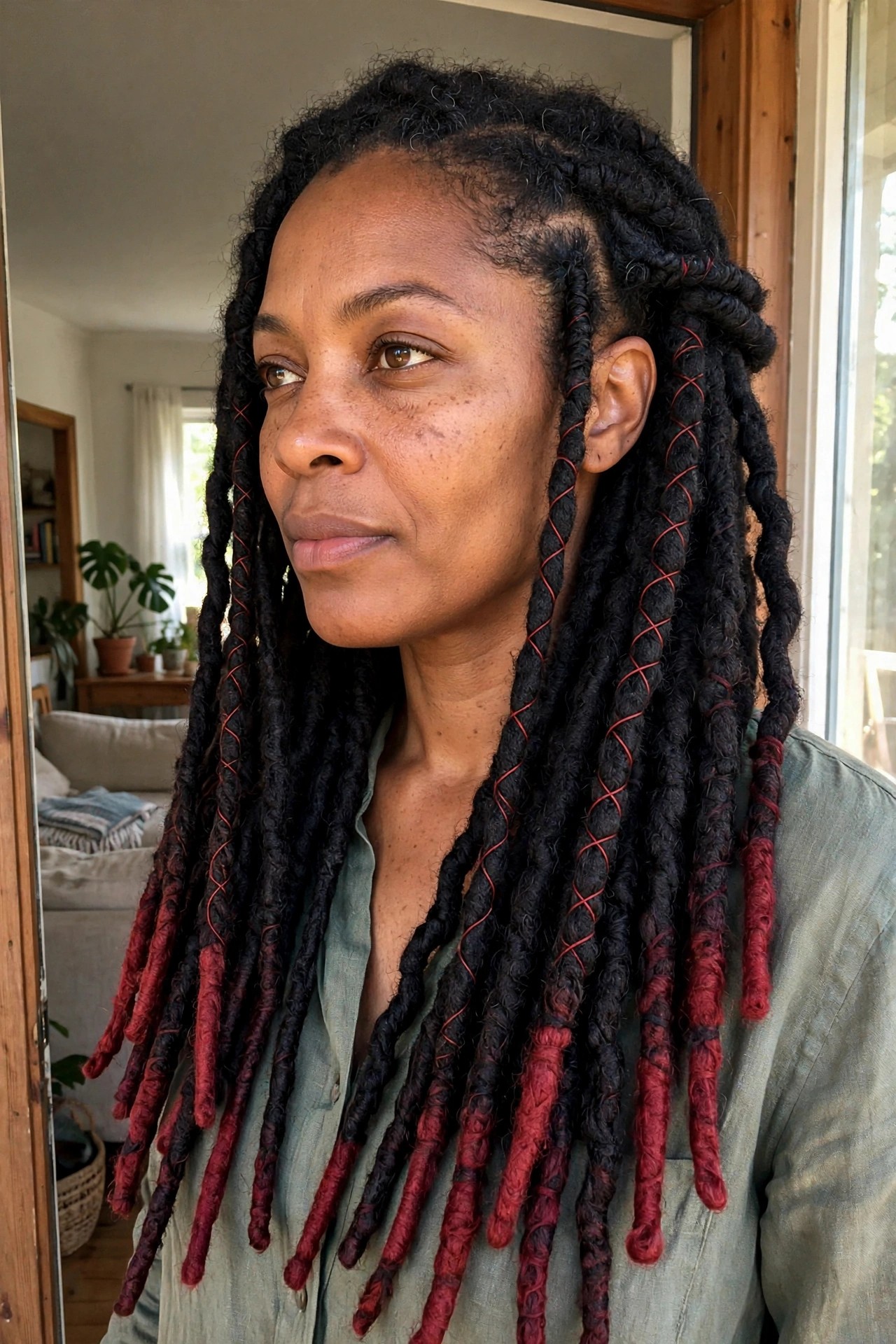 Close view of black dreadlocks with red tips and thin red thread accents wrapped around several locs.