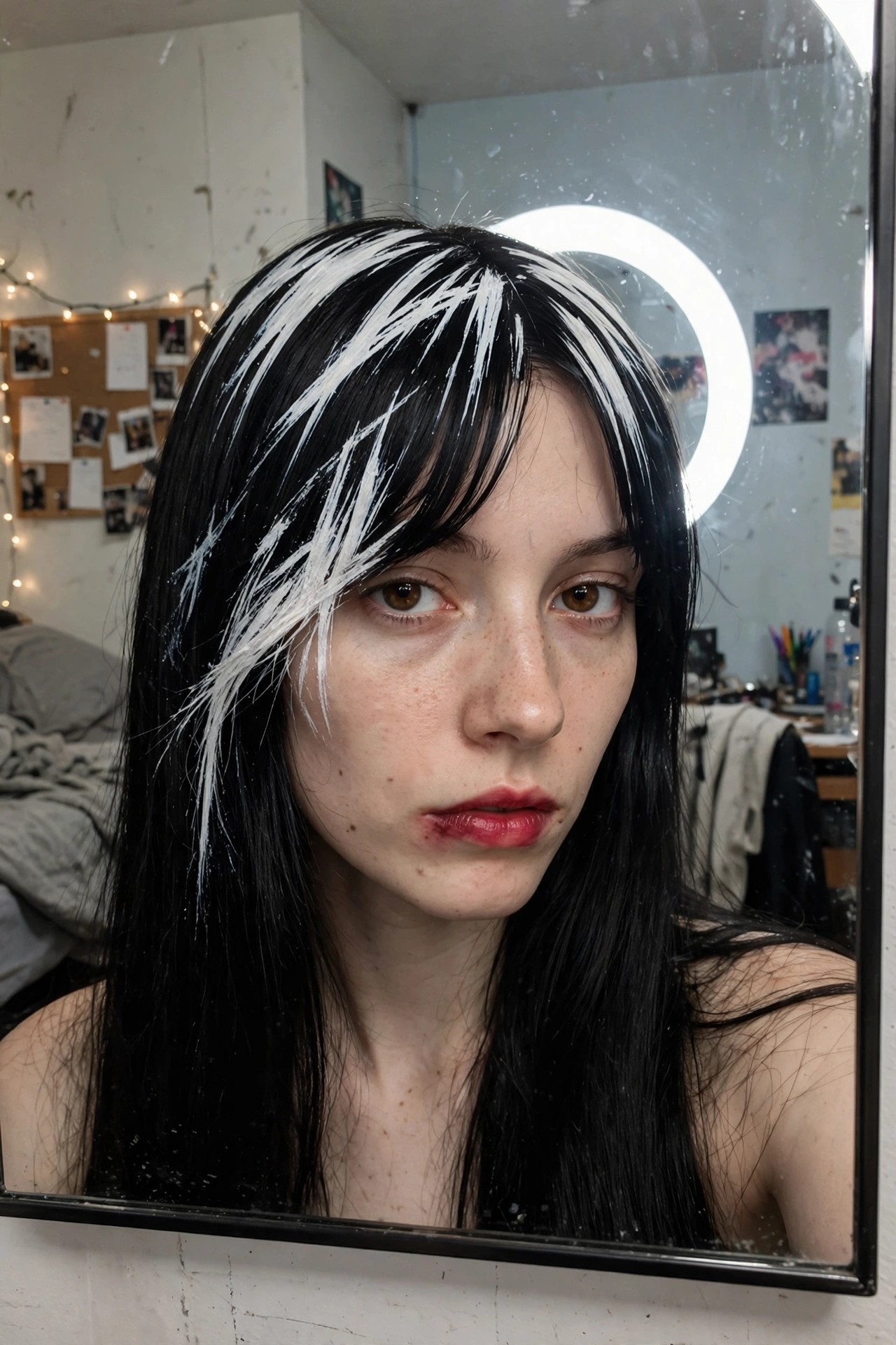 Long black hair with thick irregular white streaks across the bangs and front sections.