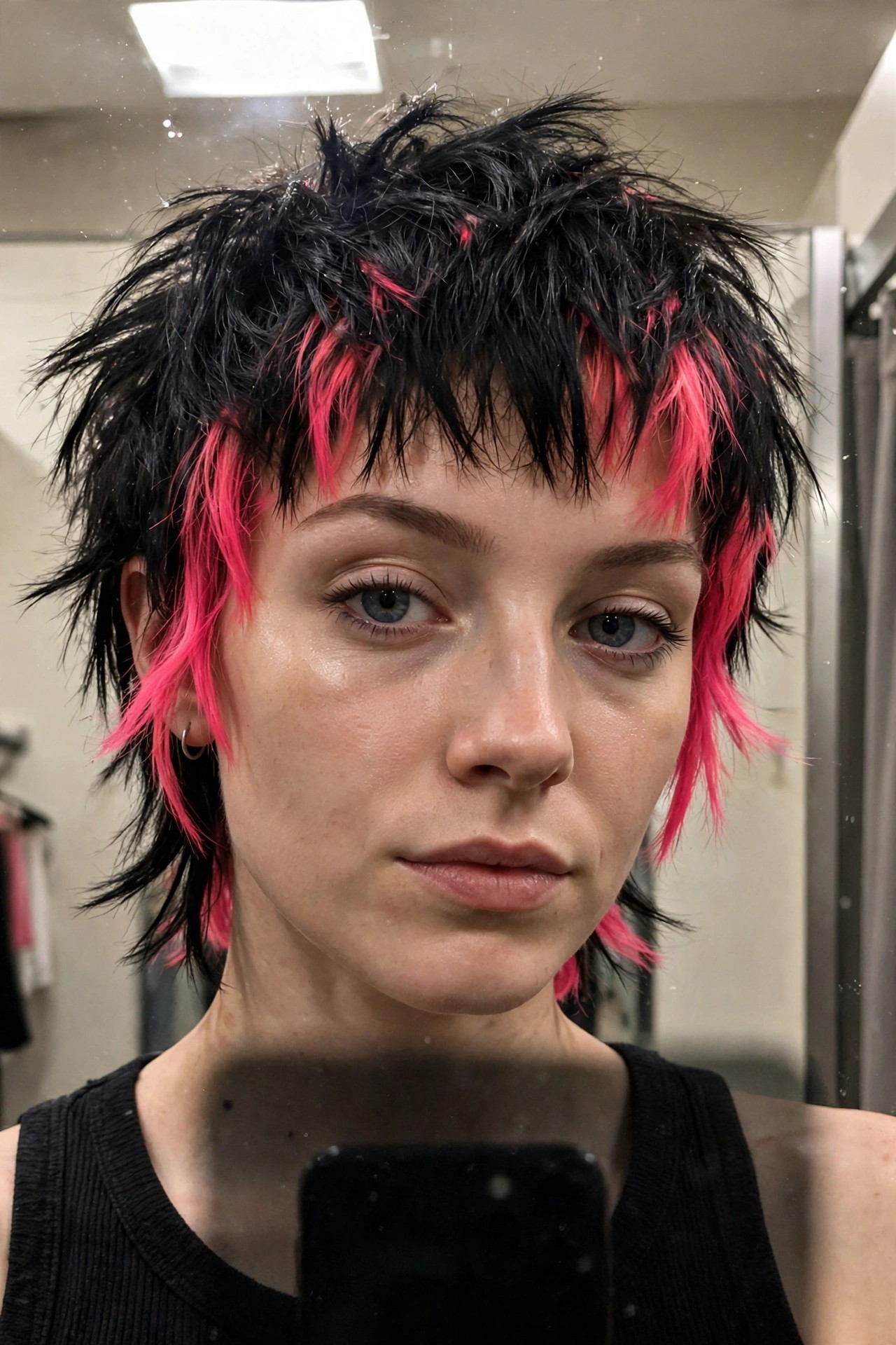 Short spiky black hair with bright pink tips and scattered pink strands on a woman taking a mirror selfie.