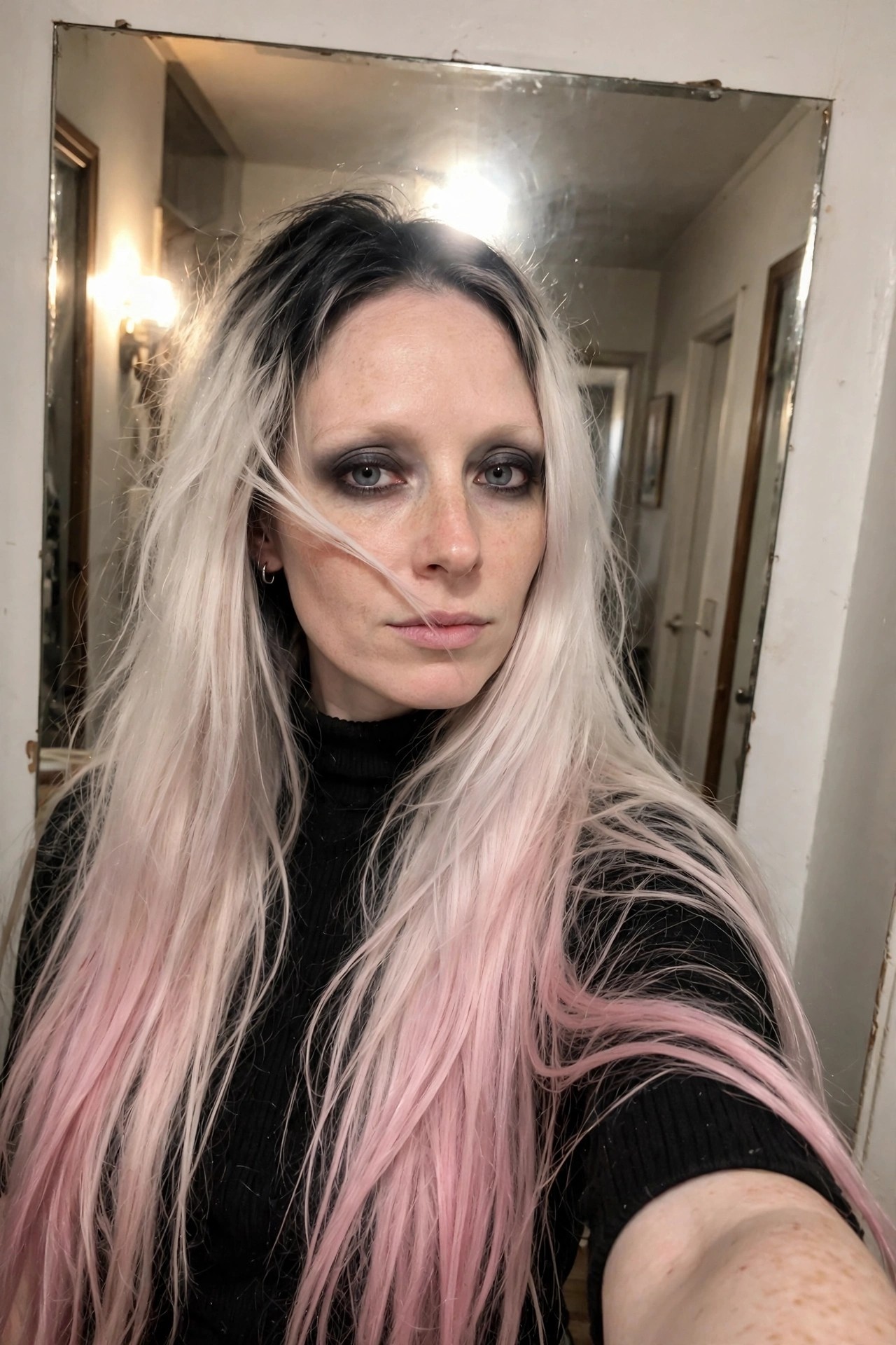 Long hair with black roots fading through silver white lengths into bright pink ends, shown in a close selfie.