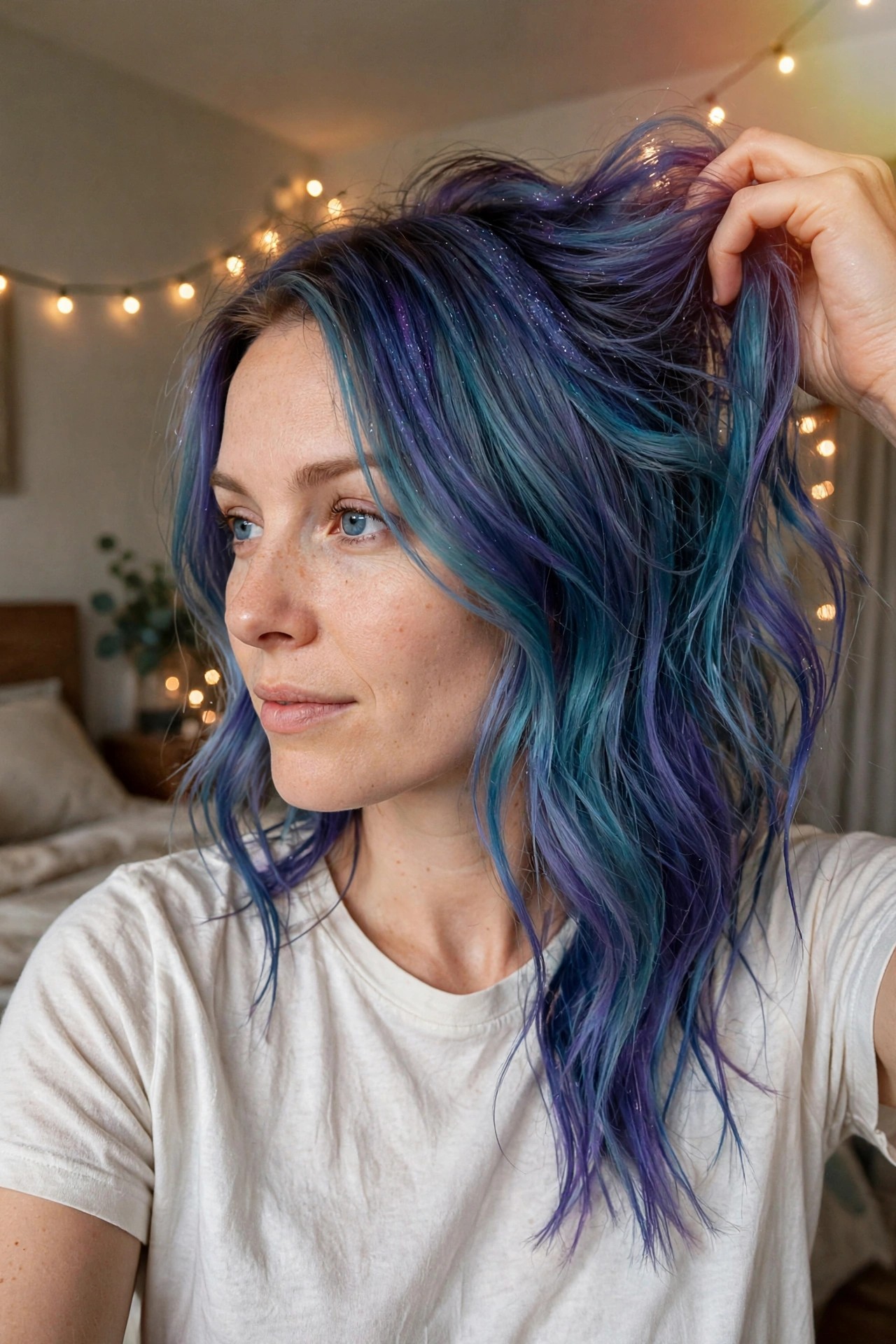 Close view of shoulder length wavy hair colored in blended shades of blue teal and purple with visible glitter strands throughout.