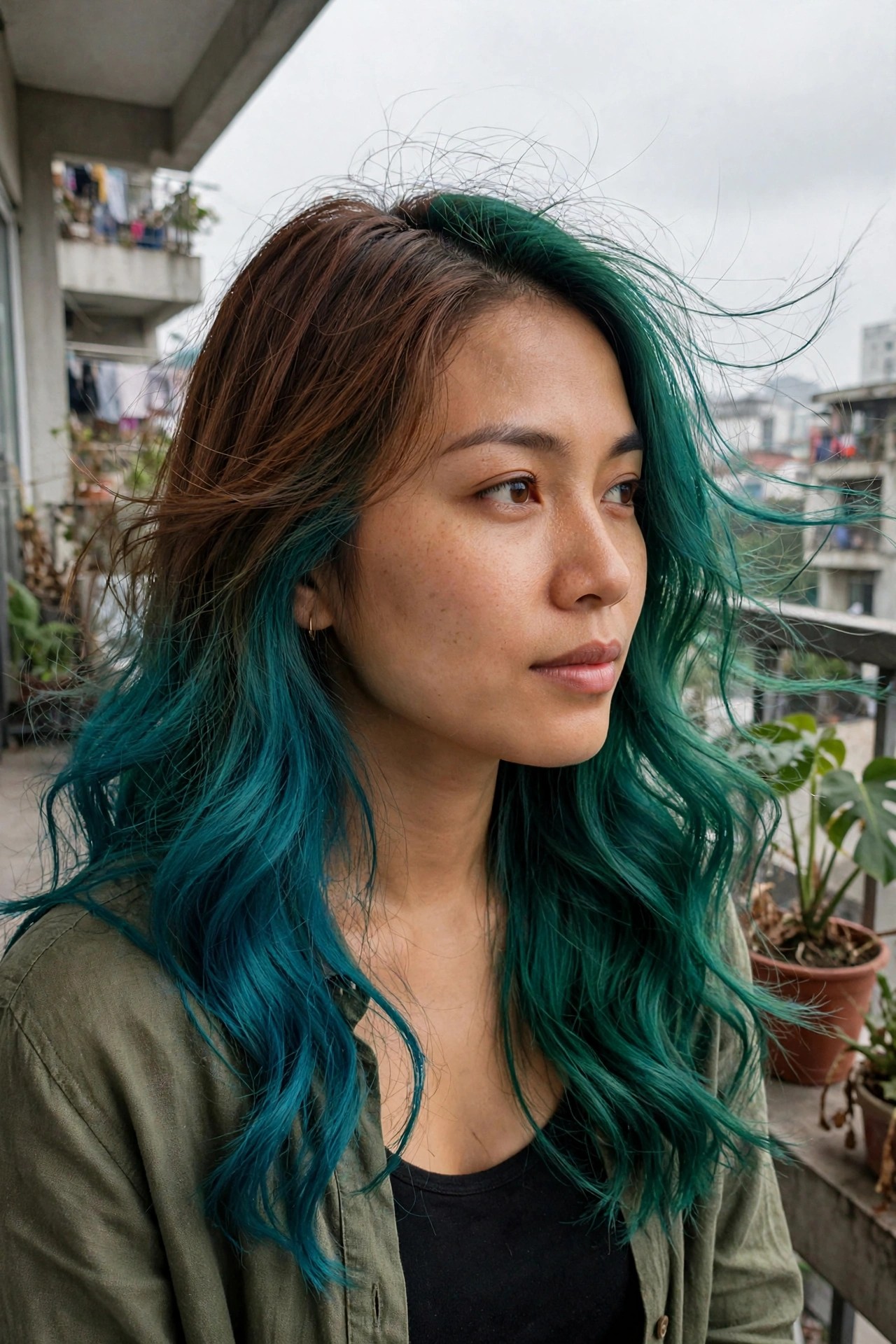 Woman with brown roots and long teal hair color on the mid-lengths and ends, shown in profile with windblown waves.