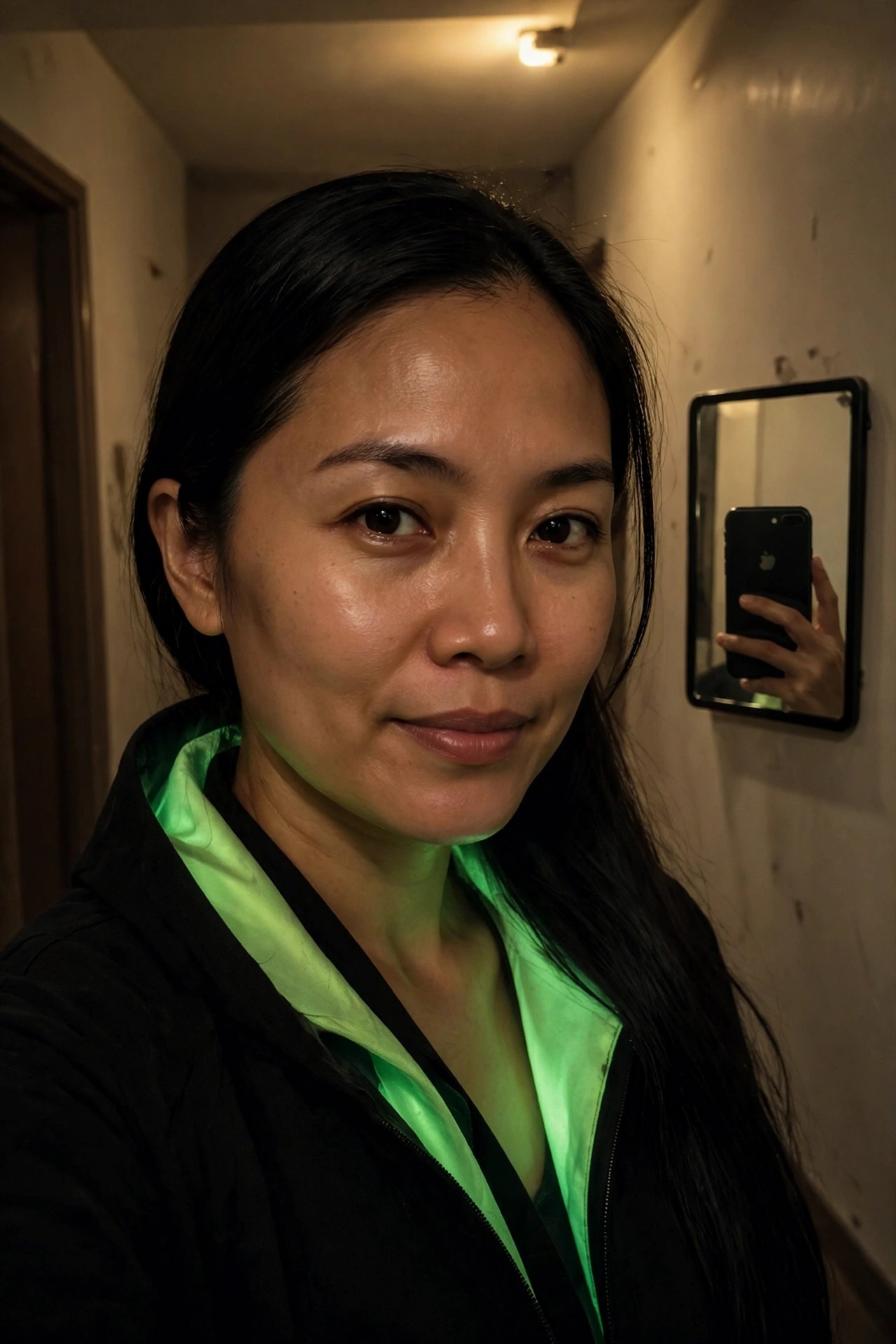 Close-up of long straight black hair on a woman in a dimly lit hallway.