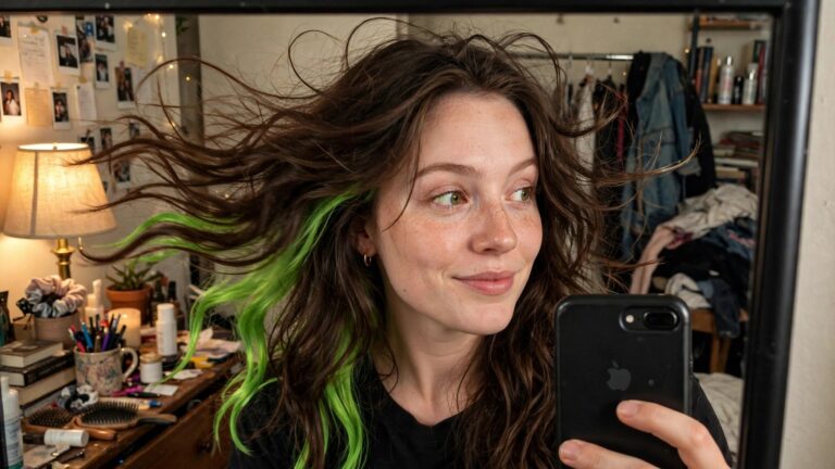 21+ Edgy Halloween Hair Color Looks for Women to Inspire Your Costume Close up of long brown hair with bright lime green underlayers visible at the sides and ends.