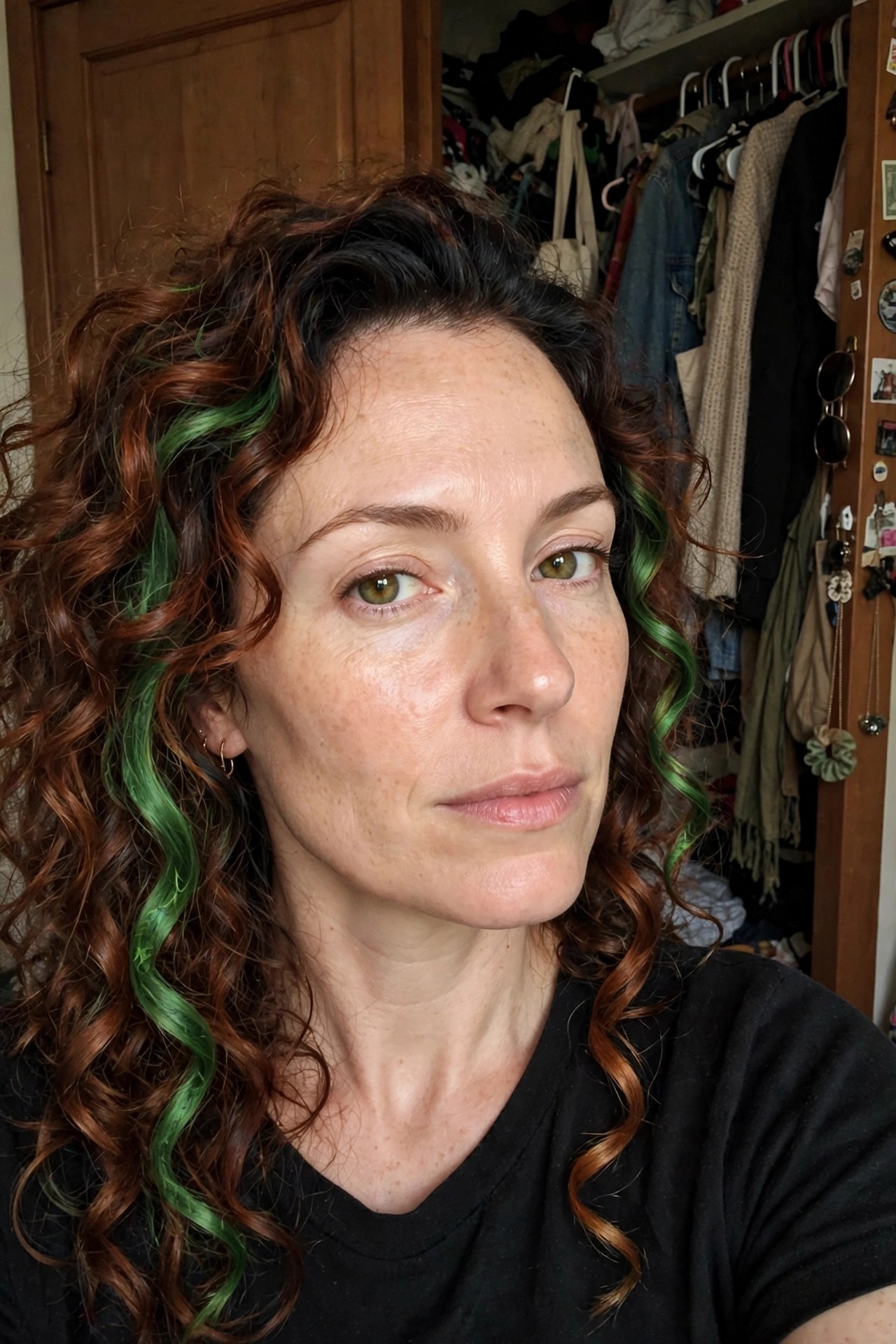 Close up of curly hair with bright green sections mixed through reddish brown curls.