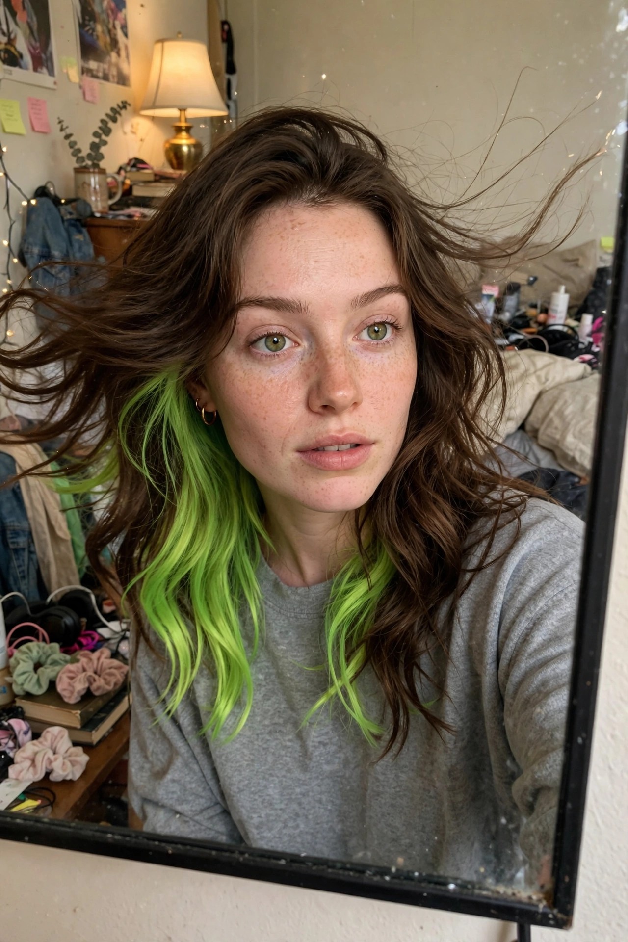 Close up of long brown hair with bright lime green underlayers visible at the sides and ends.