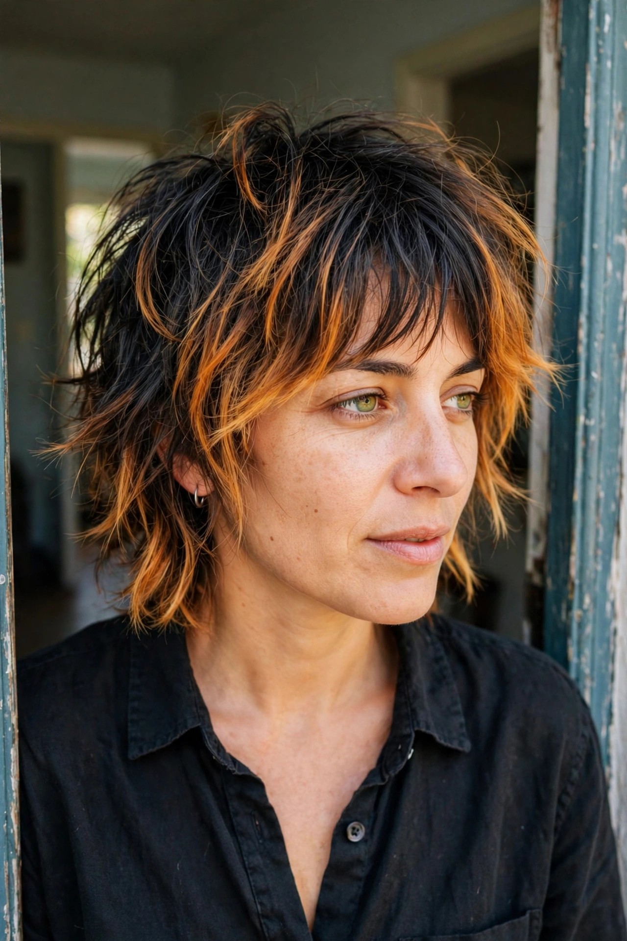Short black hair with bold orange streaks throughout the choppy layers.