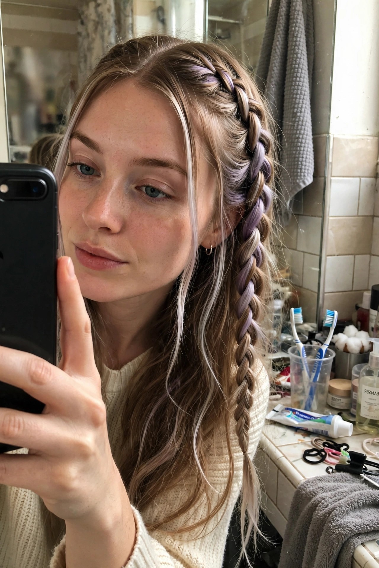Close up of long hair with purple streaks braided on one side showing lavender color placement against brown and blonde tones.