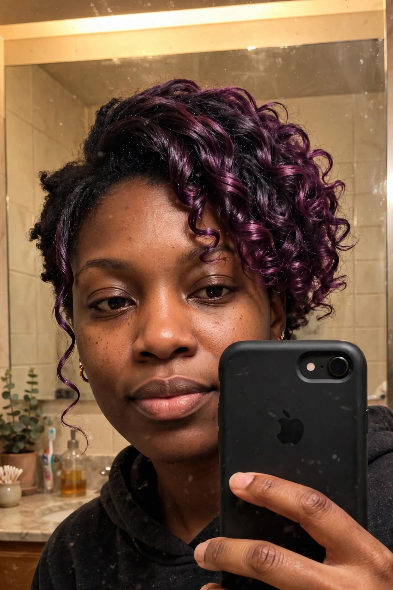 Short curly hair with vivid purple color on the right side curls and dark black hair on the left side and roots.