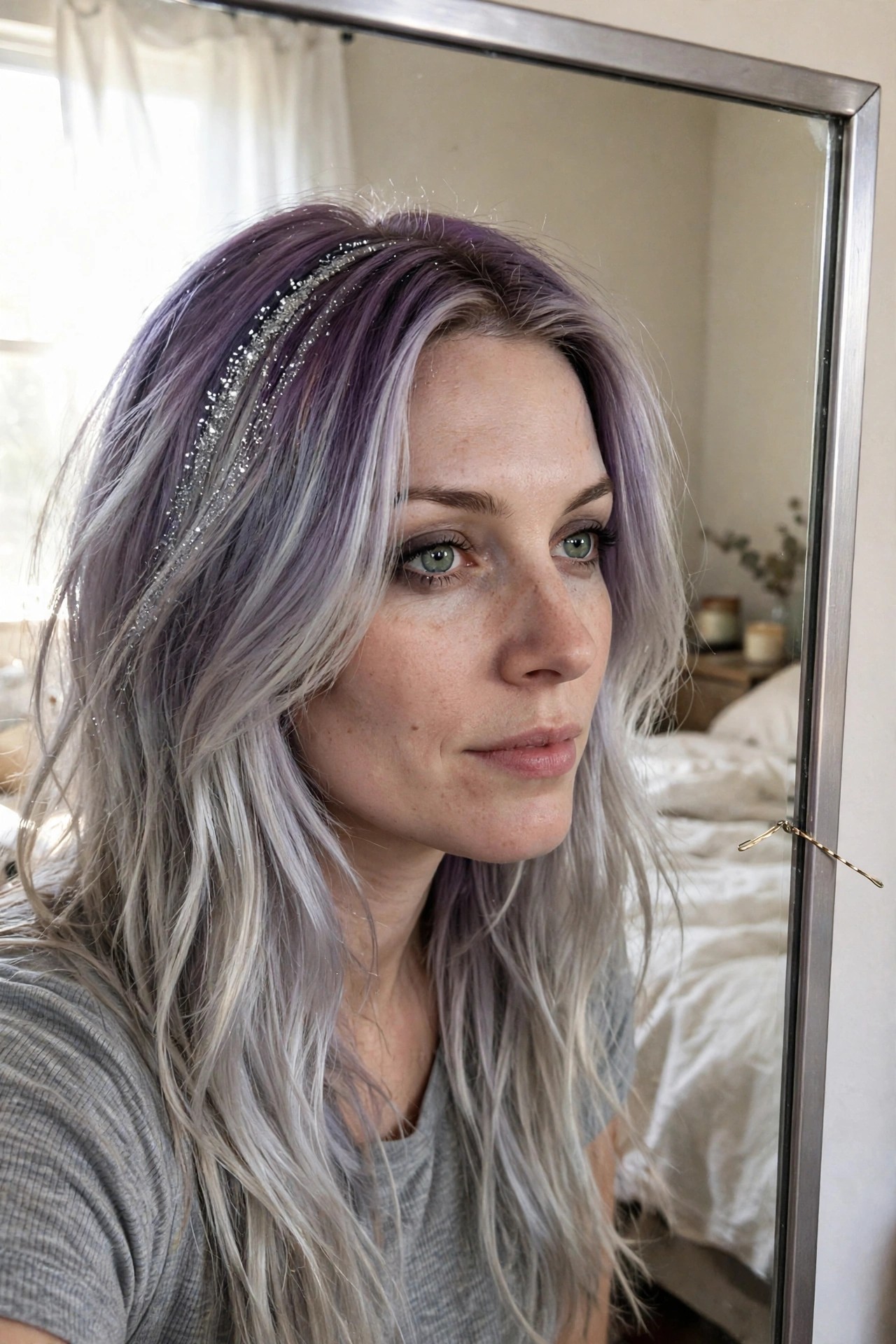Long wavy hair showing dark purple roots fading into lavender and silver gray lengths with a glitter headband along the part.