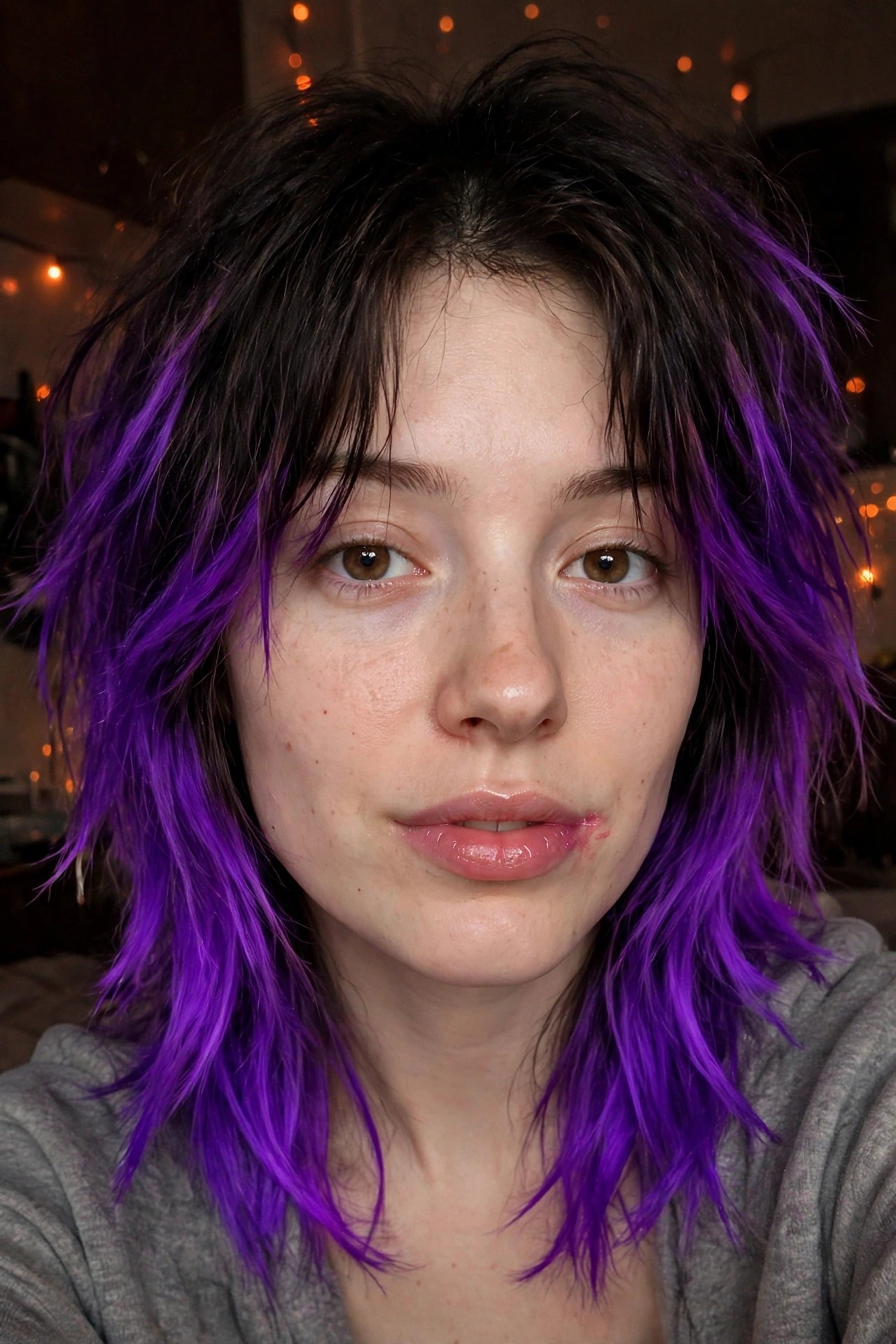 Close-up of shoulder-length hair with dark roots and bright purple lengths, showing the color placement from the midsection downward.