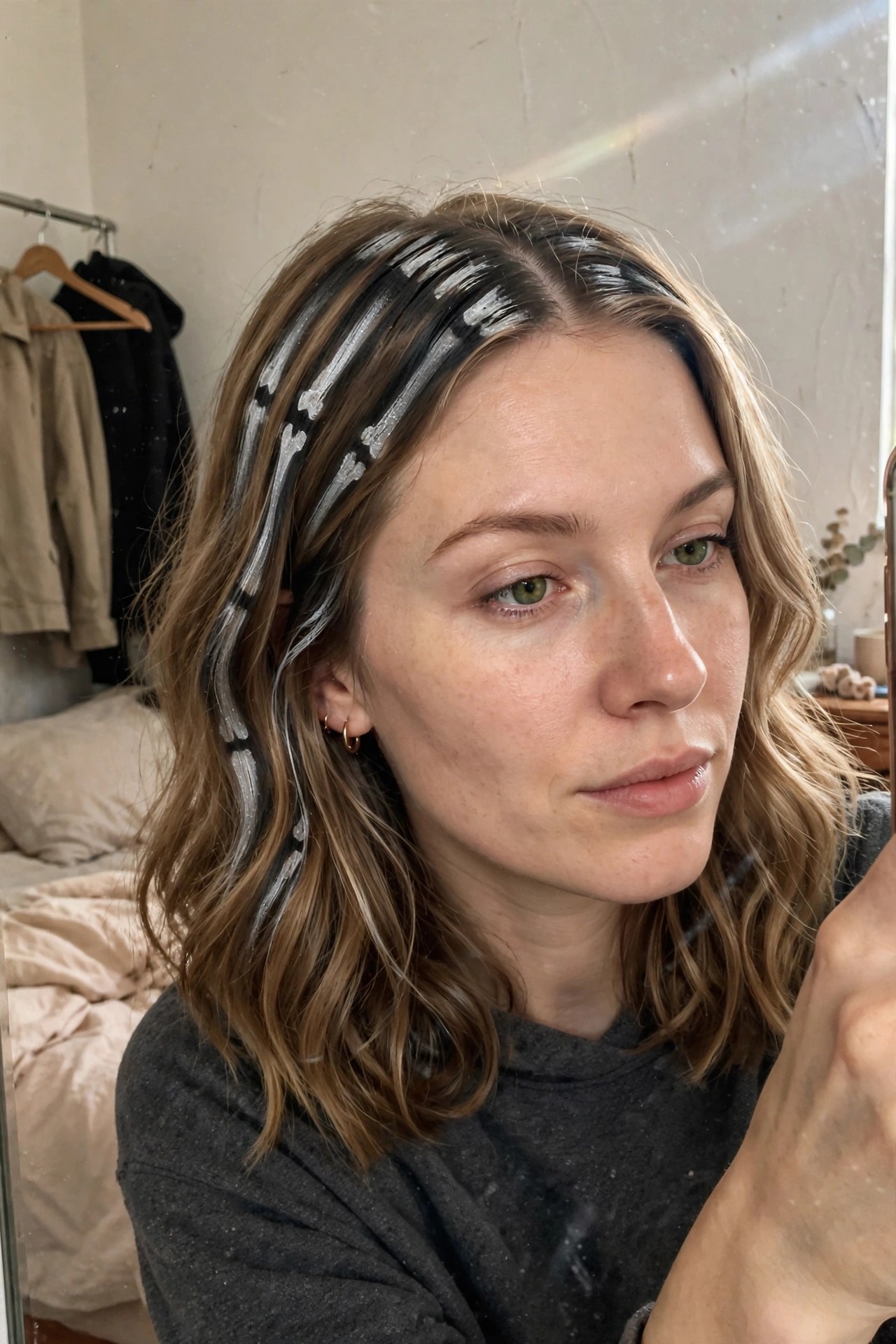 Close up of brown hair with white bone shaped streaks painted along the part and strands.