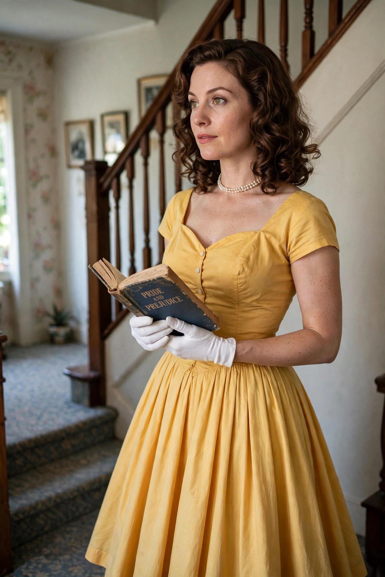 Woman wearing a yellow Belle ball gown costume with white gloves, holding an open book, curly brown hair, standing indoors.