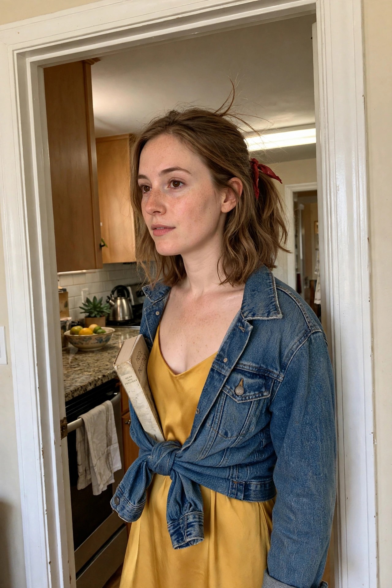 Woman wearing a yellow satin dress styled as Belle's ball gown, denim jacket tied at the waist, holding a book.