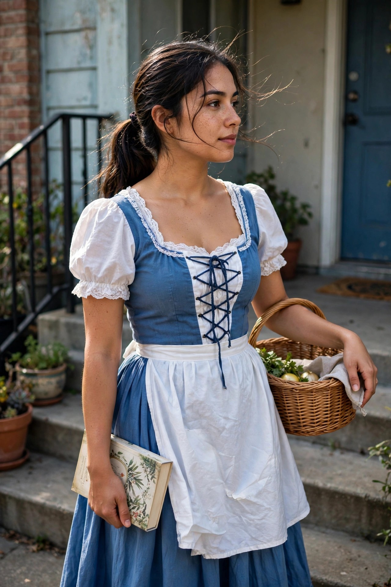 Woman wearing a blue and white Belle peasant dress with laced bodice, white apron, puffed sleeves, holding a basket and book.