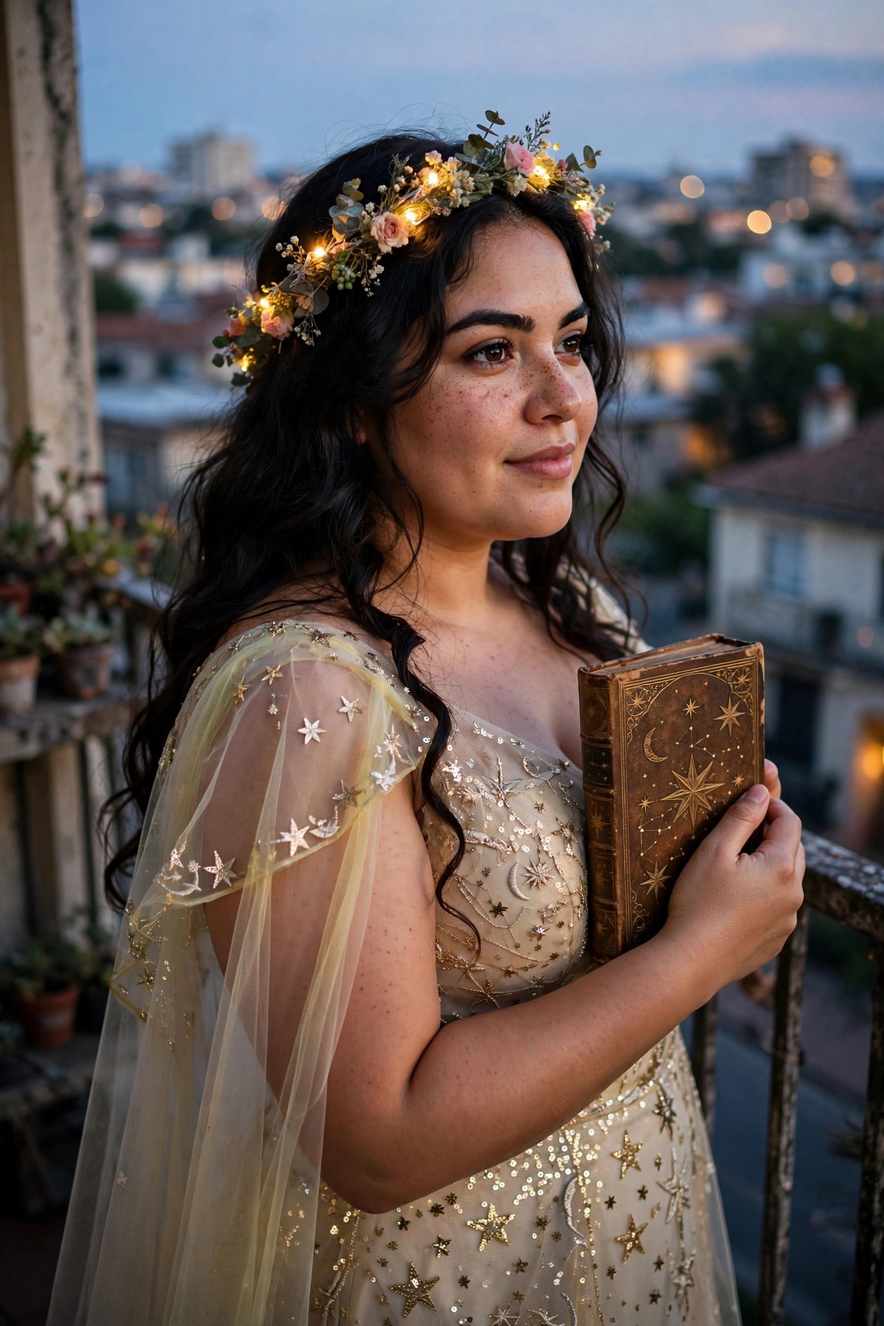 Woman wearing a champagne gown embroidered with gold stars and moons, sheer star-patterned overlay on the shoulders, holding a brown leather book with celestial designs, and wearing a lit floral crown.