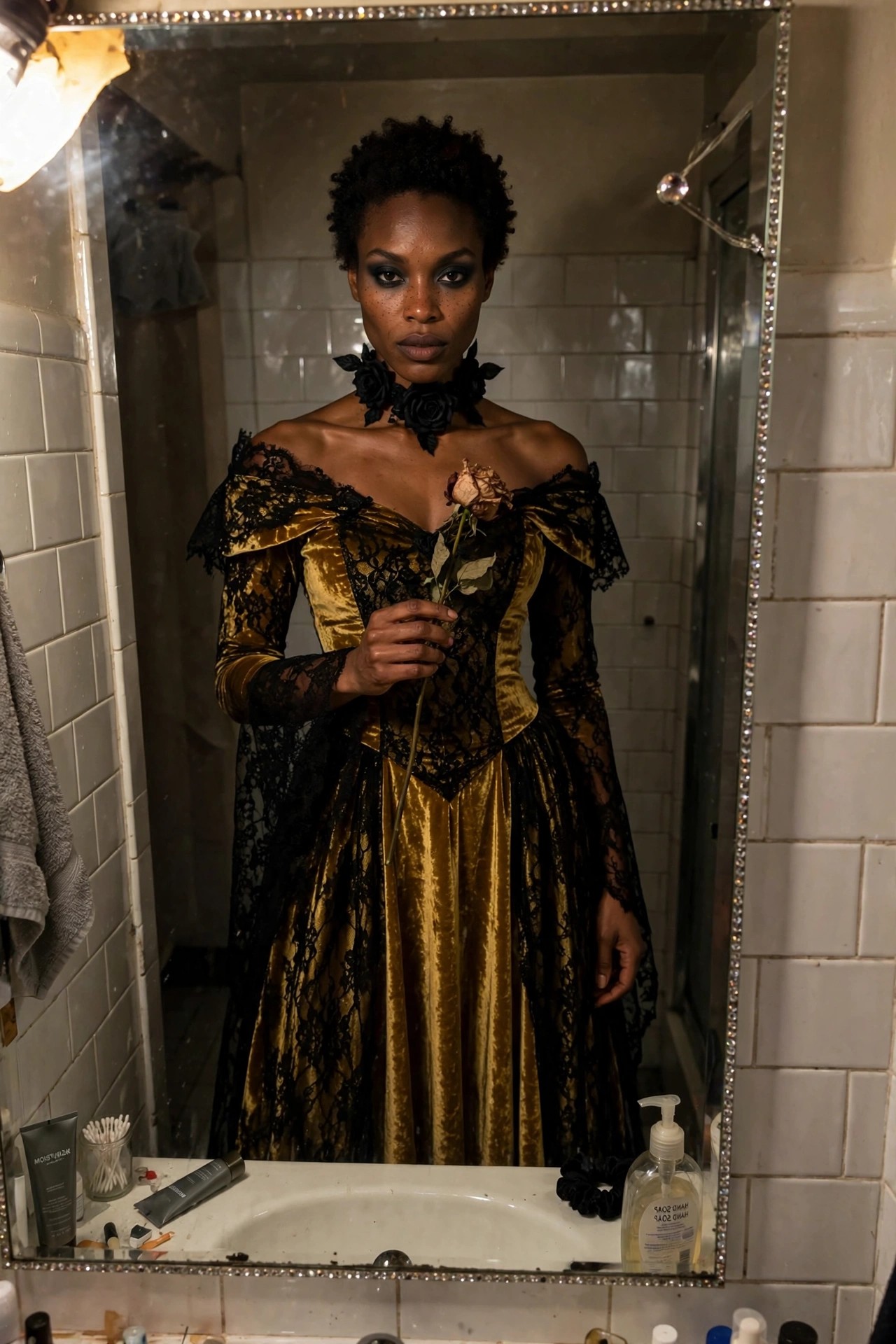 Woman wearing a golden velvet off shoulder gown with black lace details, corset bodice, and black rose choker while holding a dried rose in a bathroom mirror.