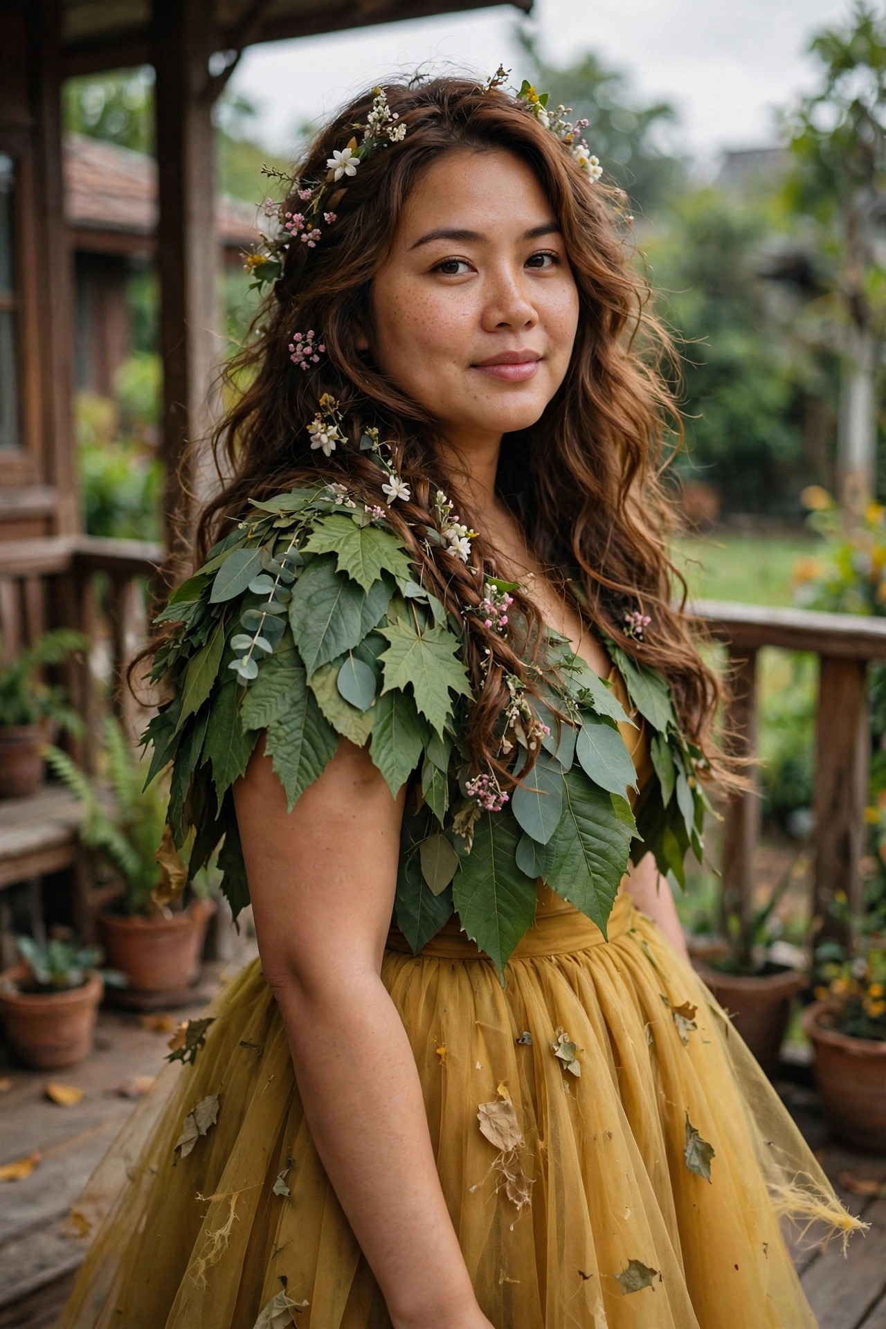 Woman wearing a yellow tulle Belle style dress decorated with dried leaves and wearing a large shoulder piece of green leaves and flowers plus a matching floral crown in her long brown hair.