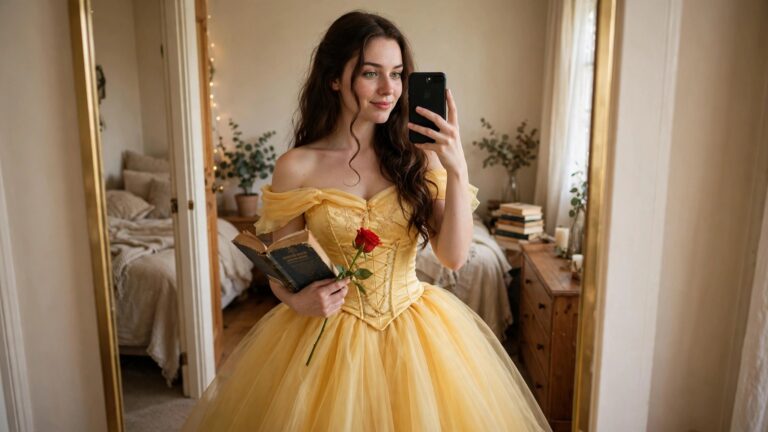21 Enchanting Belle Halloween Costume Ideas for Women to Feel Magical Woman wearing a yellow Belle ball gown with structured corset bodice and layered tulle skirt, holding a book and red rose while taking a mirror selfie.
