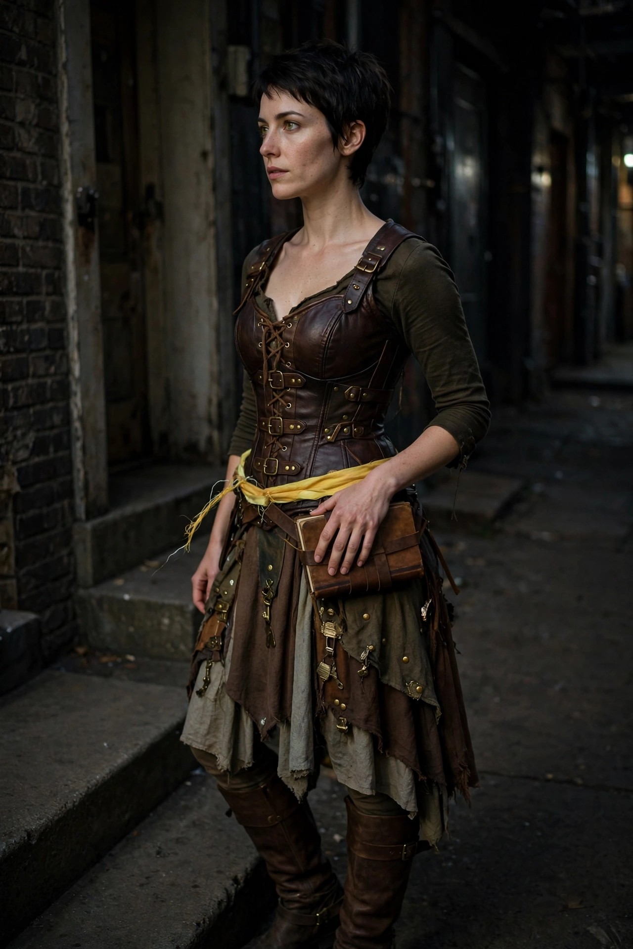 Woman wearing brown leather corset over green top with layered skirts, yellow sash, brown boots, and leather book pouch in alley setting.