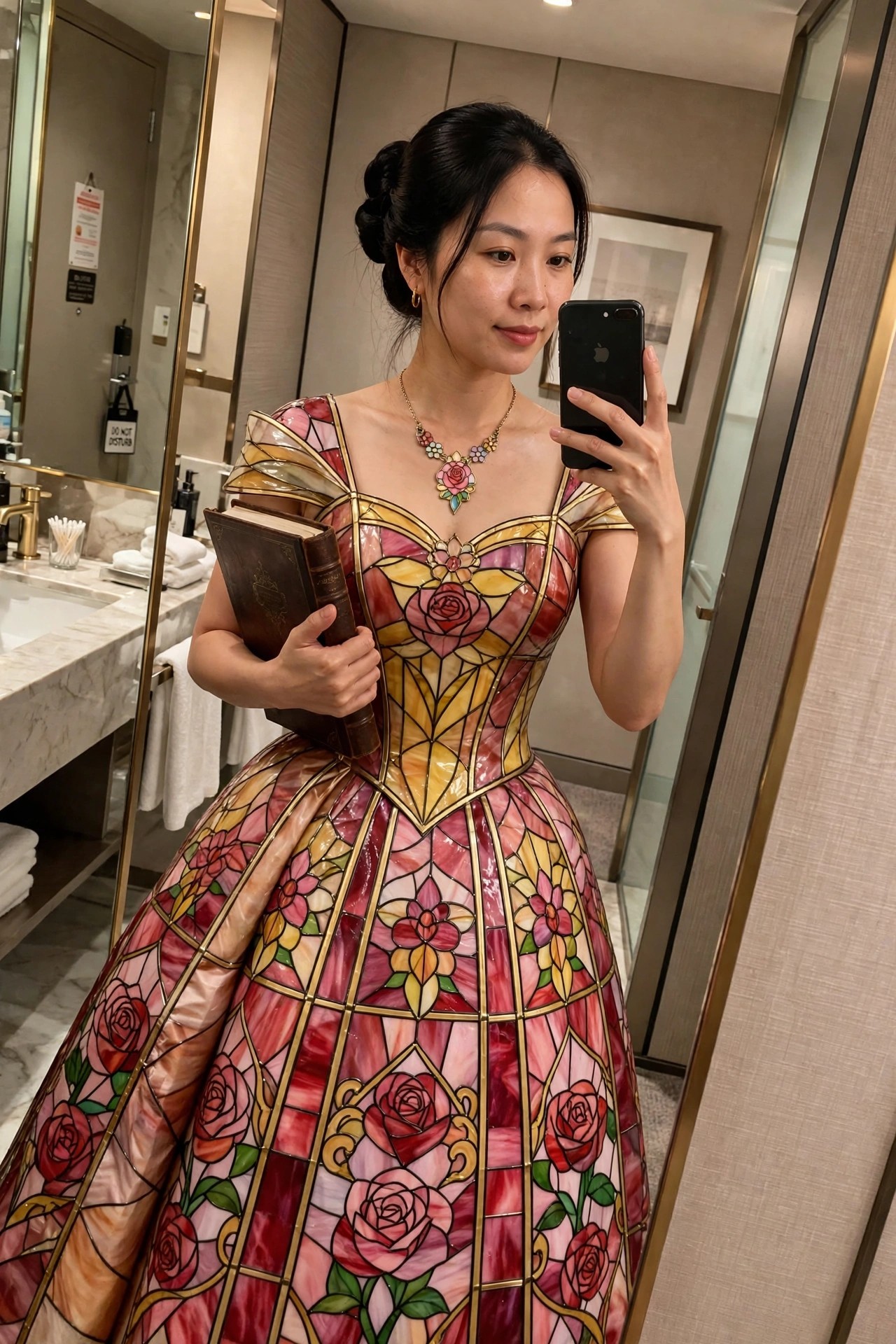 Woman wearing a stained glass rose patterned Belle gown with corset bodice, rose necklace, and dark updo while holding a book.
