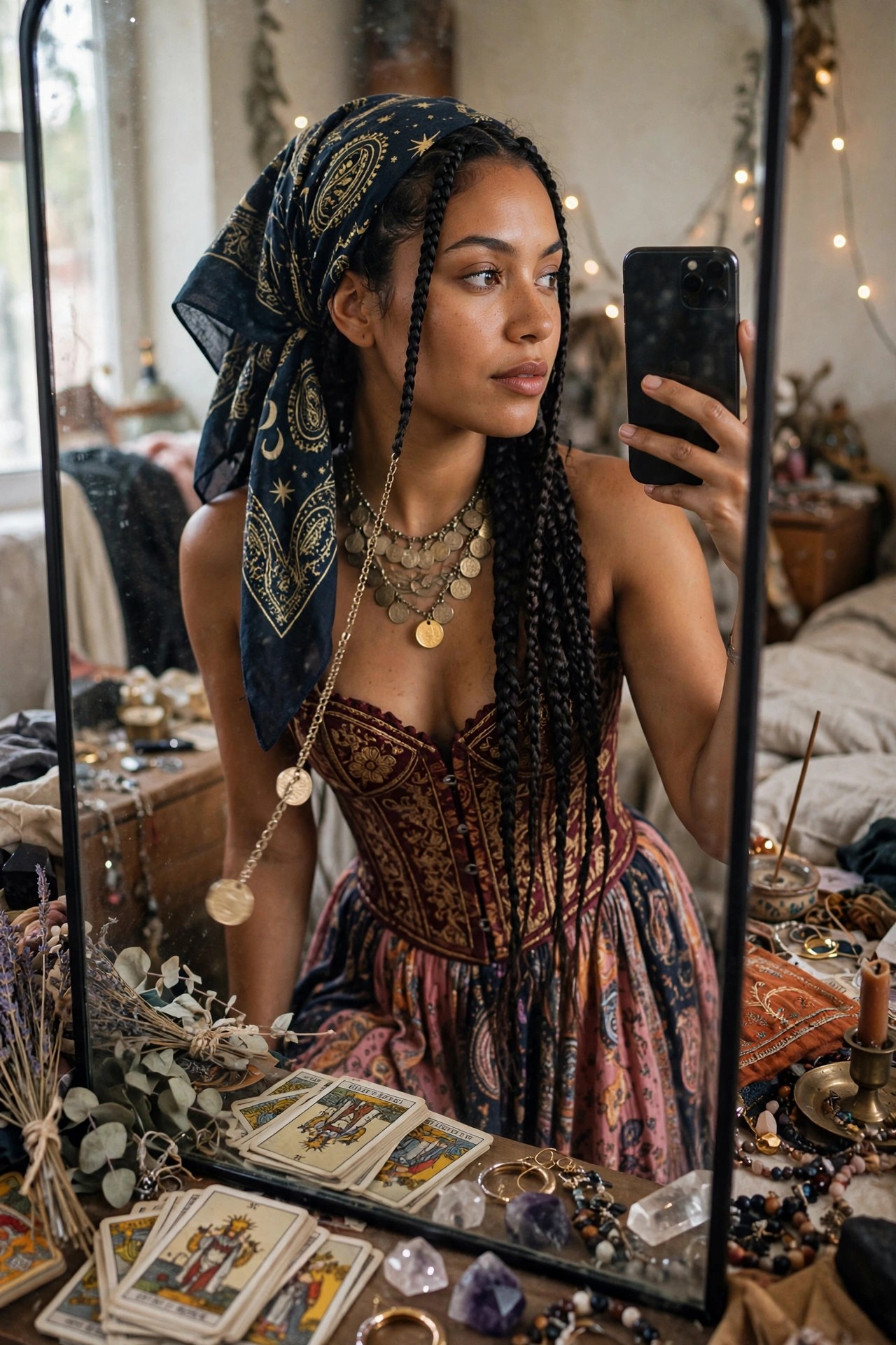 Woman wearing a burgundy patterned corset top with a flowing skirt, blue celestial headscarf, and multiple coin necklaces while holding a phone for a mirror selfie surrounded by tarot cards and crystals.