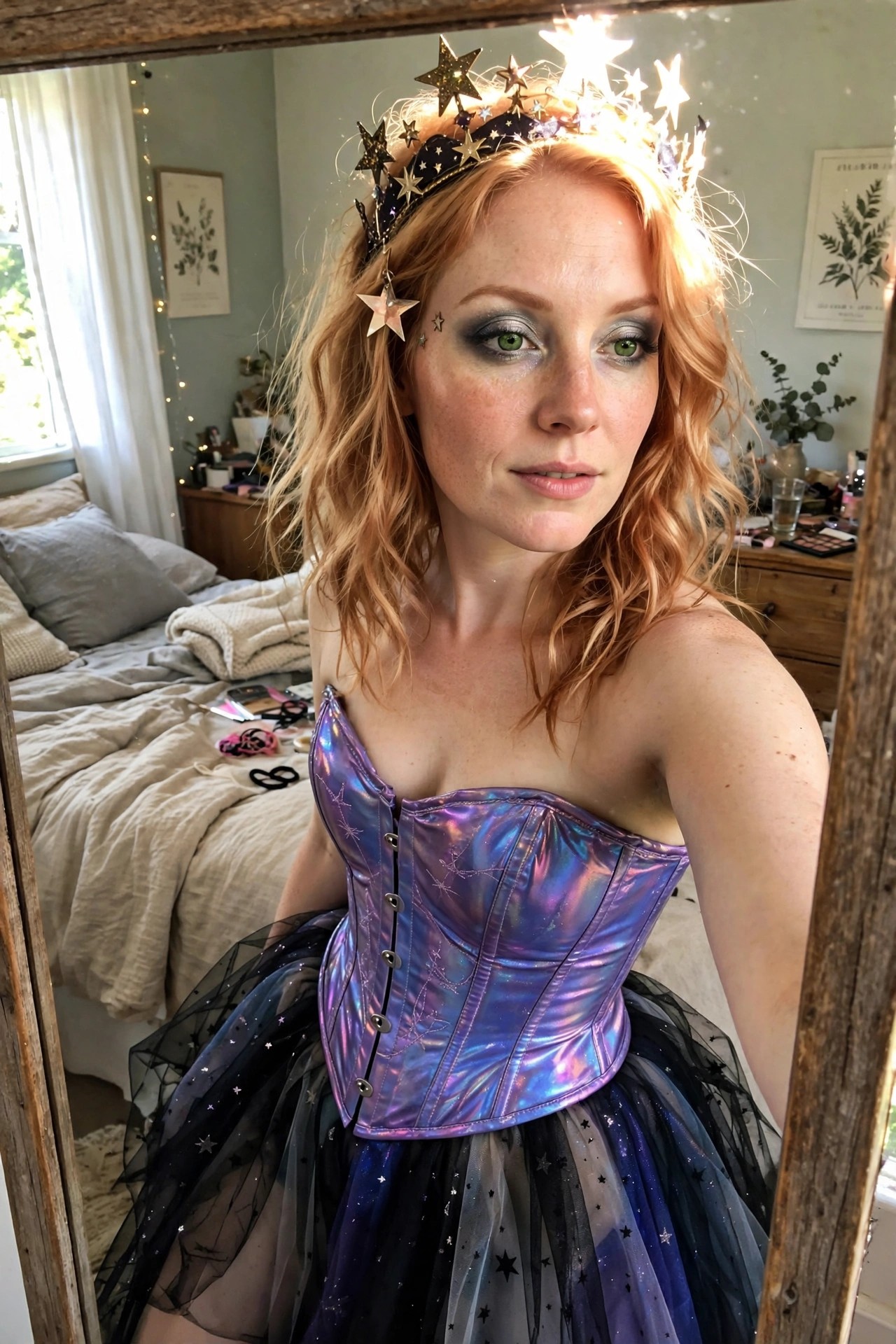 Woman wearing an iridescent purple and blue corset with constellation details, a black starry tulle skirt, and a large star crown headpiece for a celestial Halloween costume.
